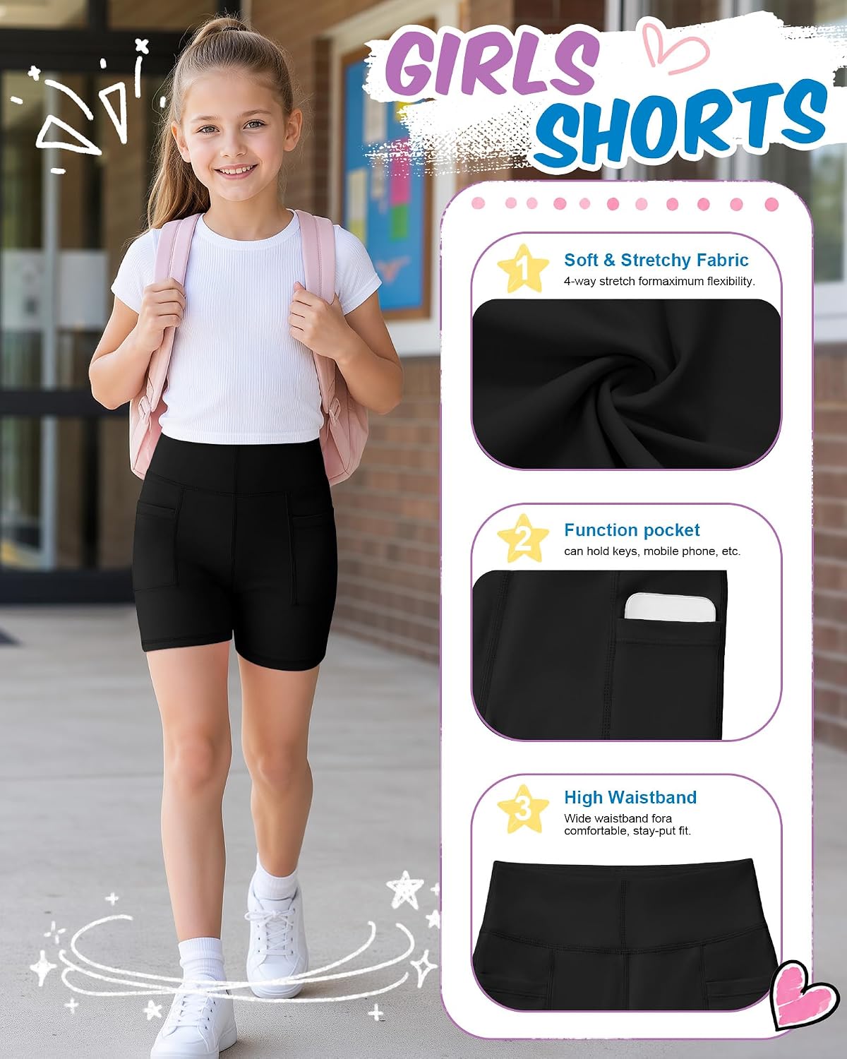 Yooo's Vivi 3 Pack Girls Biker Shorts with Pockets Athletic Kids Dance Yoga Gymnastics Running Cheer Workout Shorts 5-14Y(11-12 Years,Black)