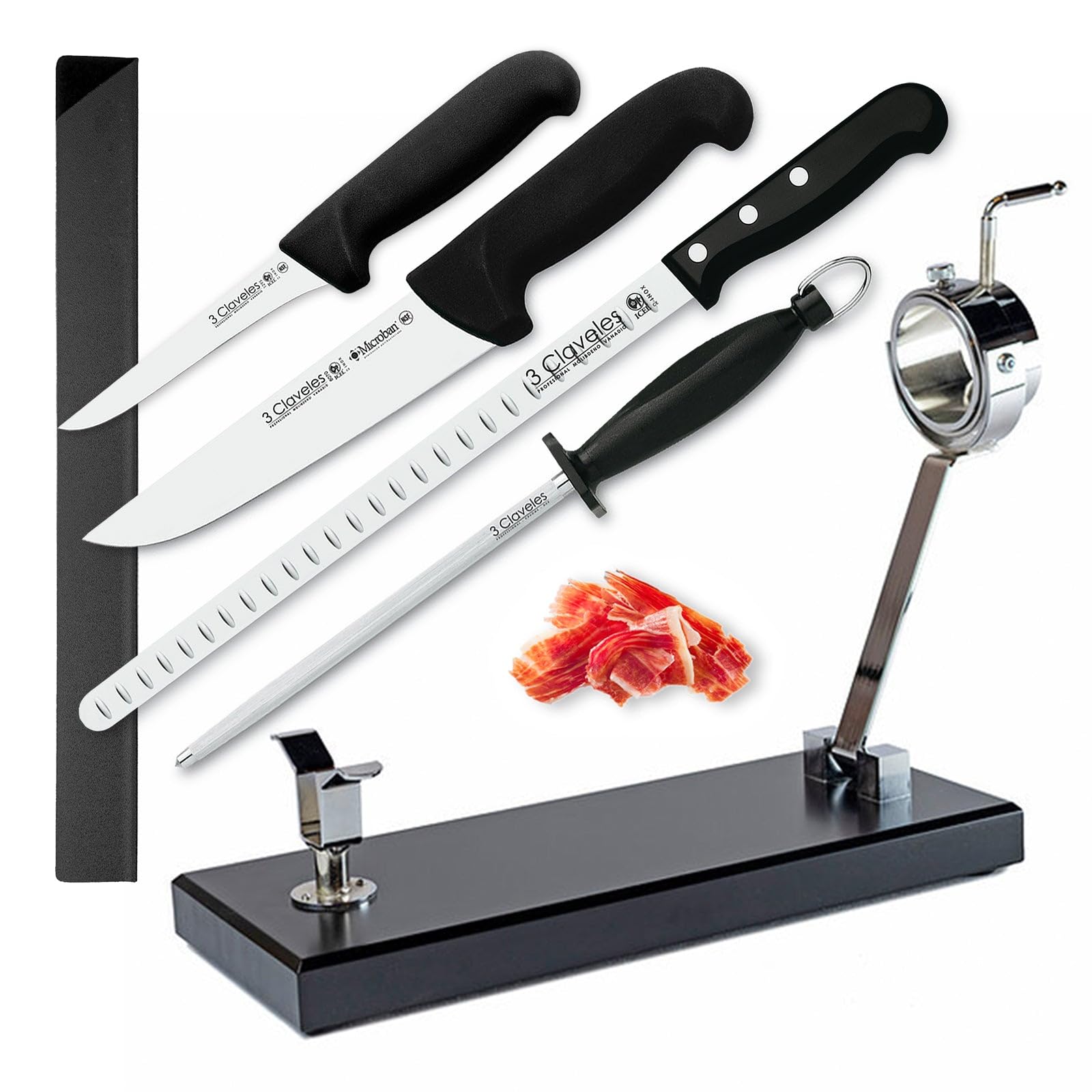 Juego Profesional de Soporte Jamonero Plegable en Acero Inoxidable y Cuchillos 3 Claveles, Funda y Chaira (DENALI Negro)