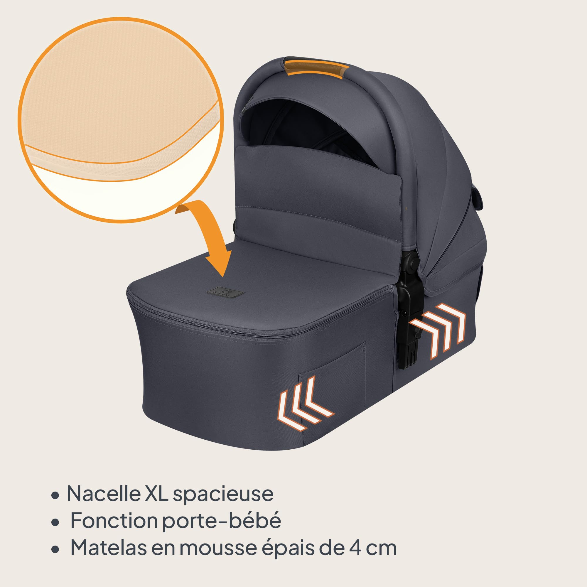 LIONELO AMBER PLUS poussette multifonctionnelle 3 en 1 de 0 à 4 ans jusqu'à 22 kg avec nacelle XL, siège auto jusqu'à 13 kg, dossier réglable, grandes roues tout-terrain 360o, capote XXL (Grey)