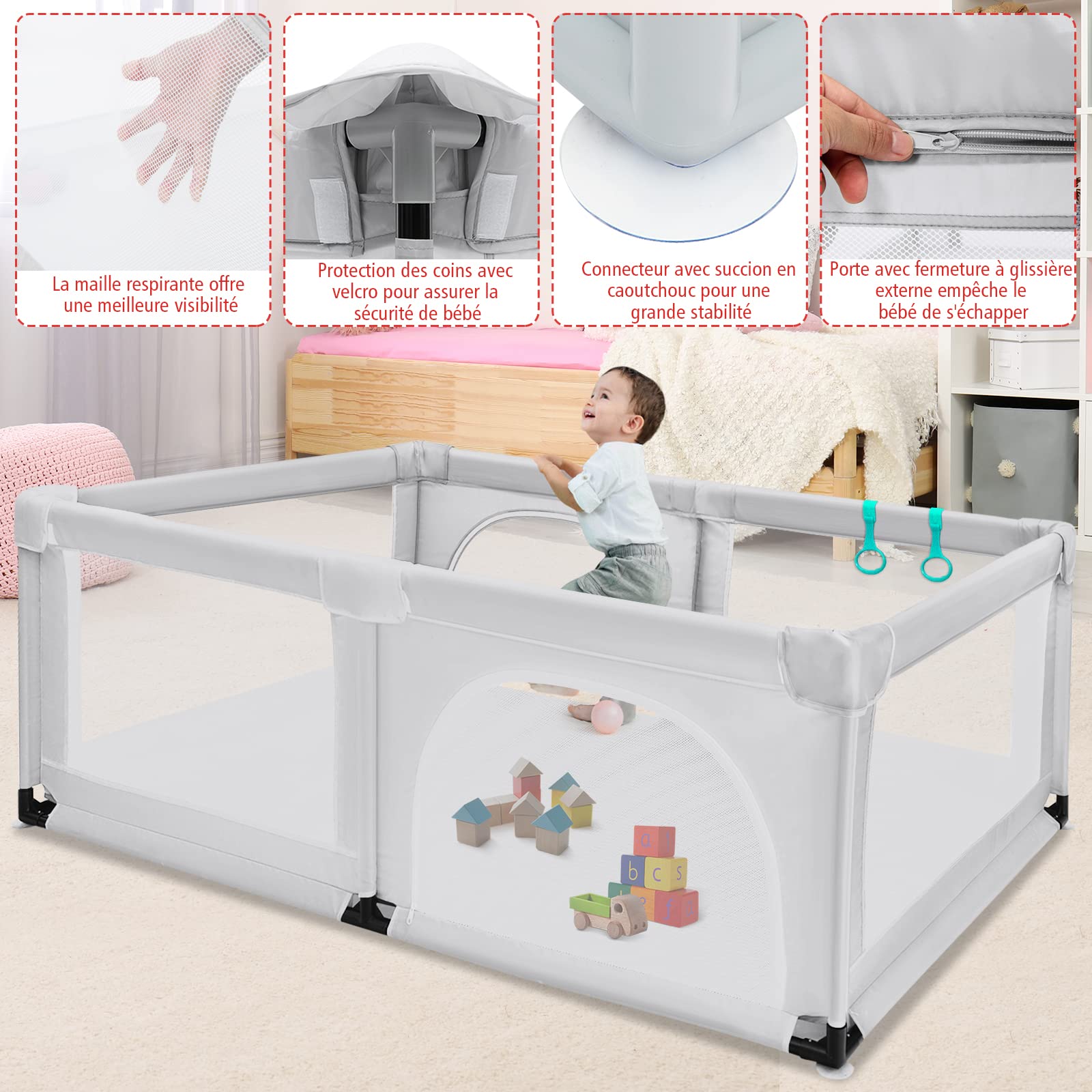 GOPLUS Parque Infantil Bebe, Baby Playpen, Corrales para Bebes, Centro de Actividades Interior para Niños, con Malla, Bolas, Bebé de 10 Meses a 6 Años, Interior y Exterior, 192 x 122 x 68 cm, Gris