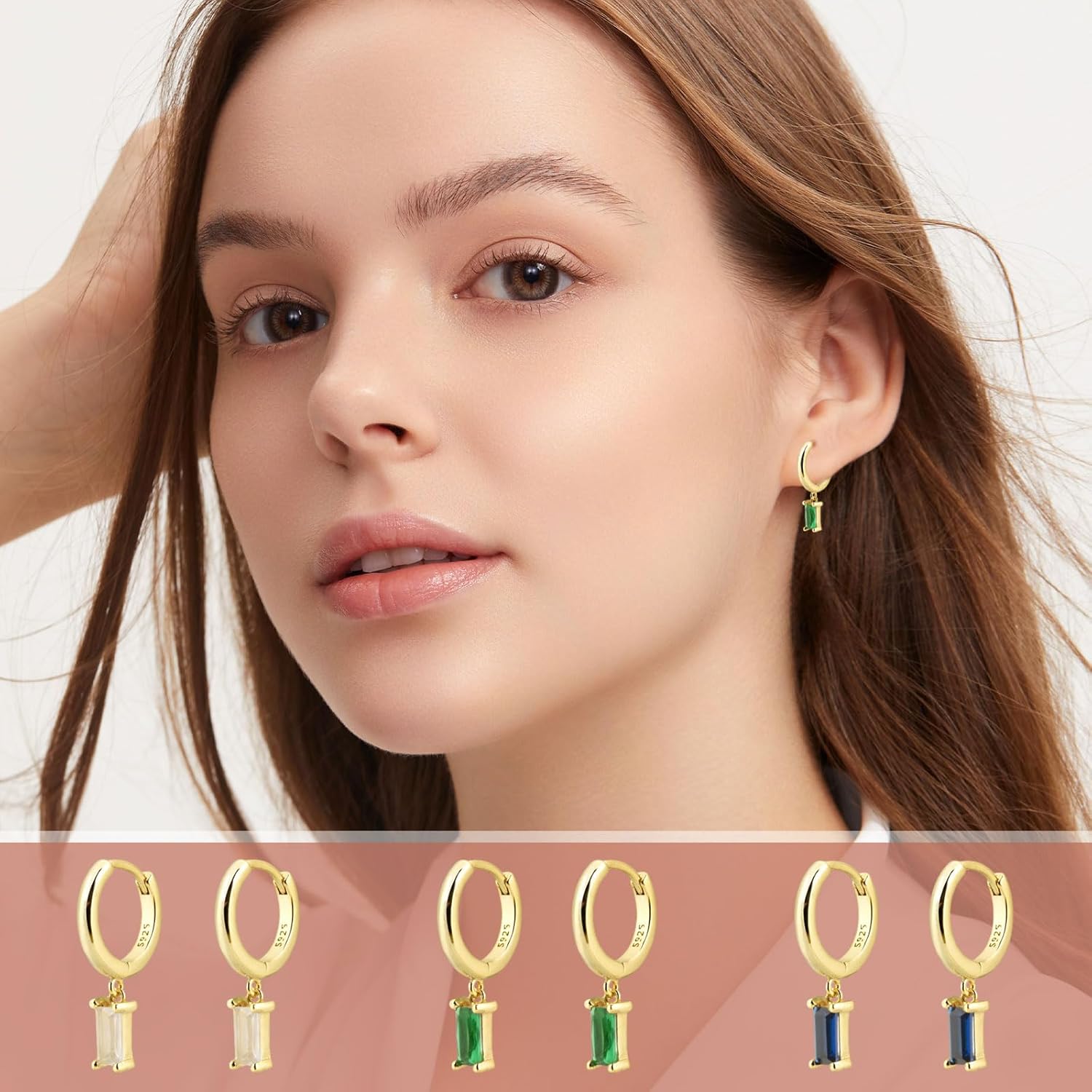 Baguette Drop Huggie Hoop Earrings, Natural Crystal Dangle Drop Earrings, 14K Gold Plated Hypoallergenic Small Hoop Drop Earrings for Women Girls Gifts - Image 5