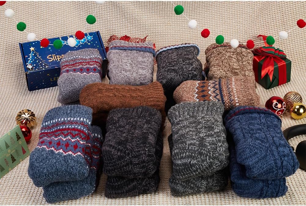 LEMZONE Men's Fluffy Slipper Socks Non Slip Winter Warm Cozy Fleece Lining Cabin Socks with Grips