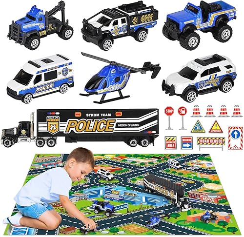 OENUX Juguetes de coche de policía para niños con alfombrilla de juego de ciudad camión portador de vehículos fundidos helicóptero SWAT camión de