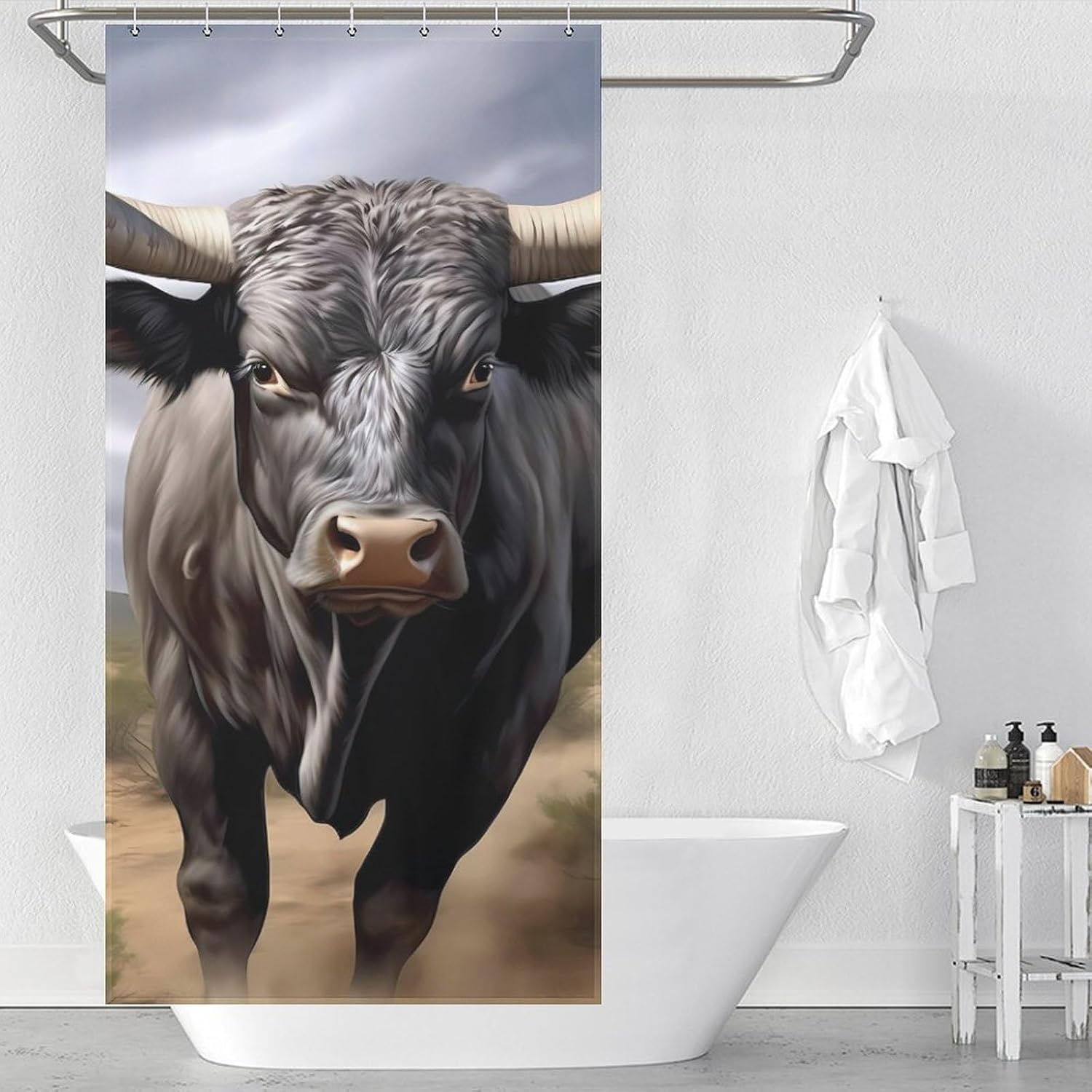 The Bull Horns Funny Shower Curtains Washable Bath Curtain Liner with Hooks for Bathroom Bath Tubs
