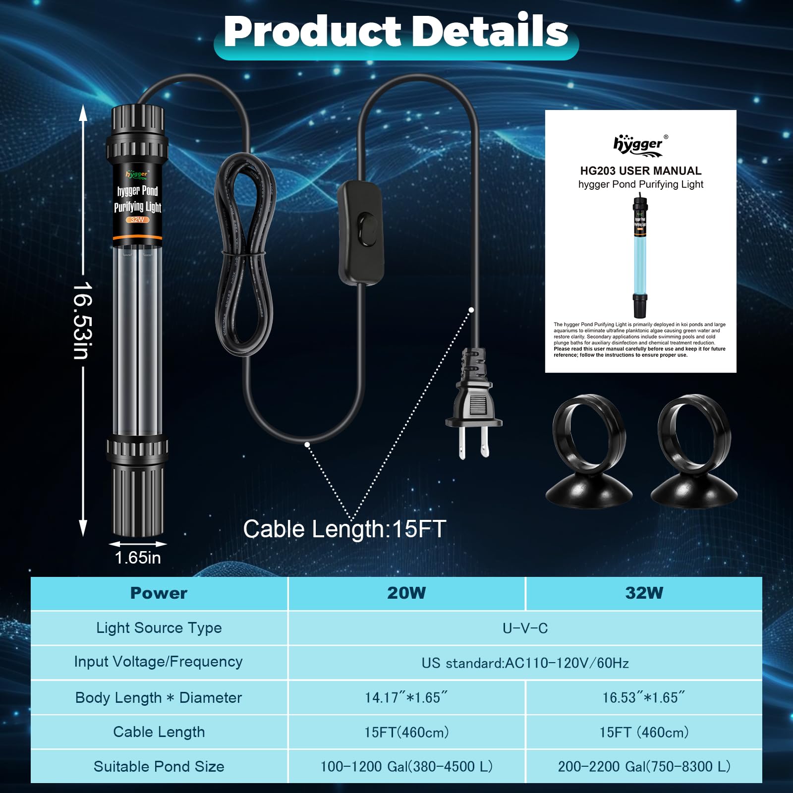 hygger Luce U-V per acquario da 32 W per 200-2200 galloni, chiarificatore per acqua verde e alghe pulite, per stagni koi, grandi acquari, piscina, tuffo freddo, spa