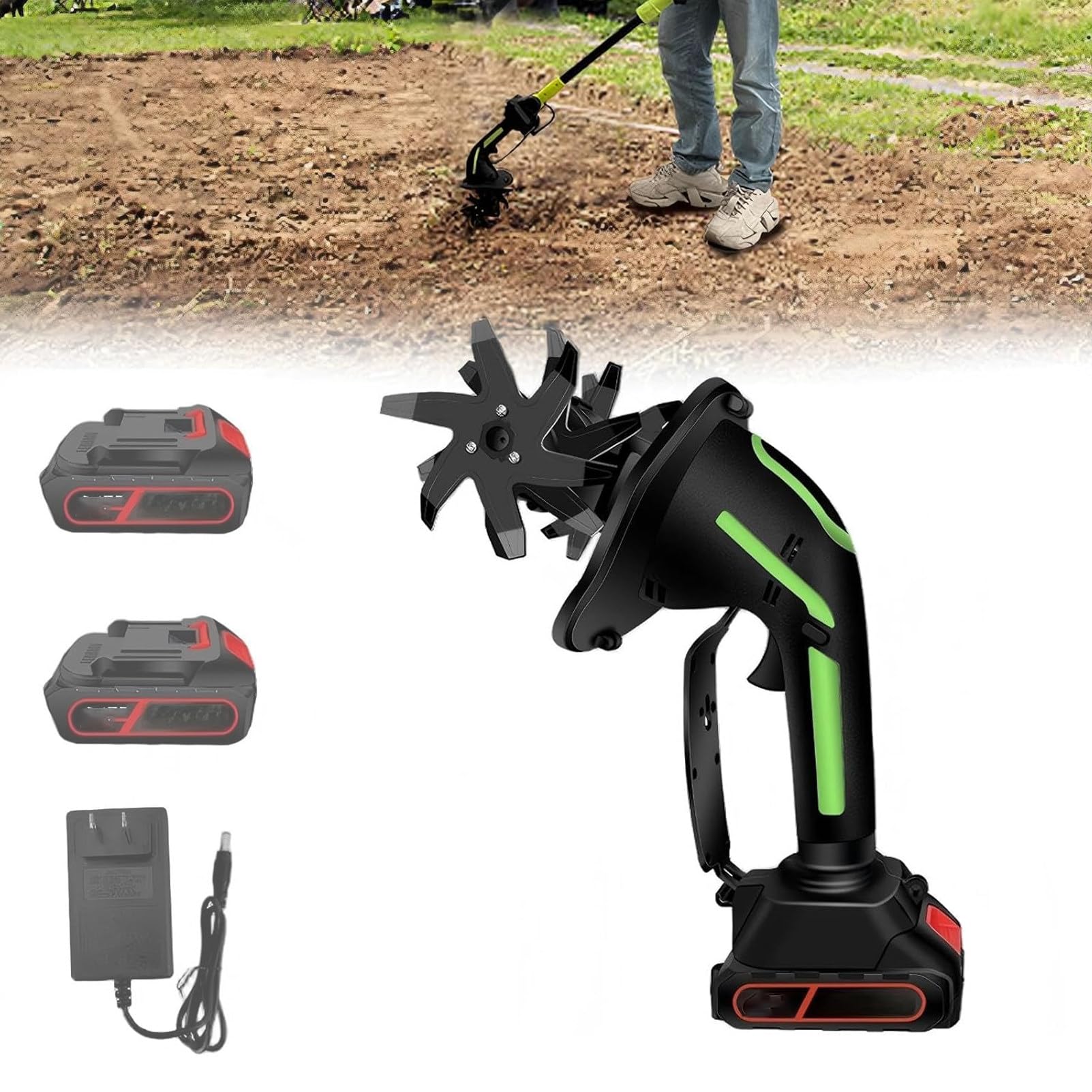 Pnpaea Electric Garden Rotavator,21V Cordless Mini Tiller Cultivator,Handheld Soil Cultivator,235RPM with 4 Rows of Tines, 2x1.5Ah Batteries,10Cm Tilling Width,for Lawn,Soil Cultivation Green-