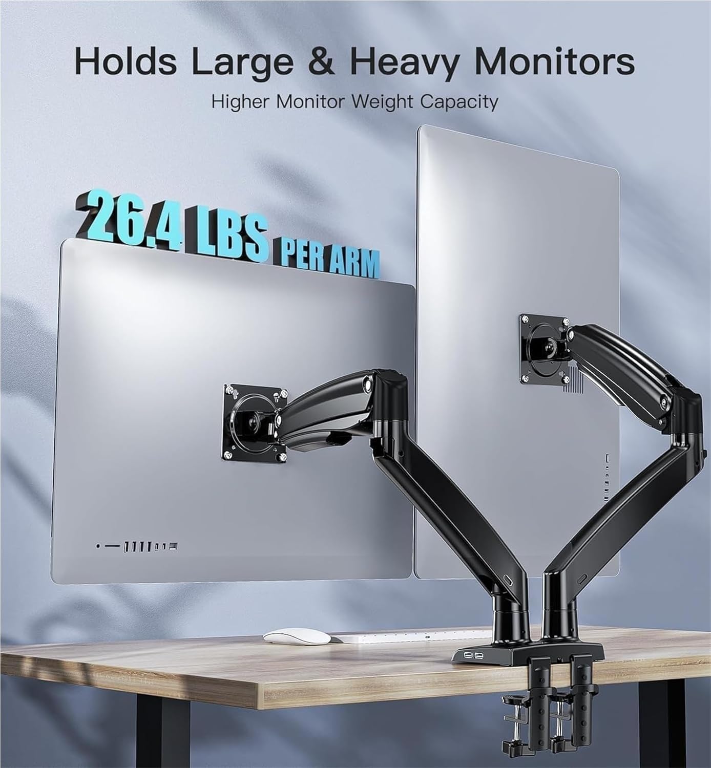 Dual Monitor Arm for 2 Ultrawide Screens, Height Adjustable Full Motion Stand with USB Ports & VESA Mount