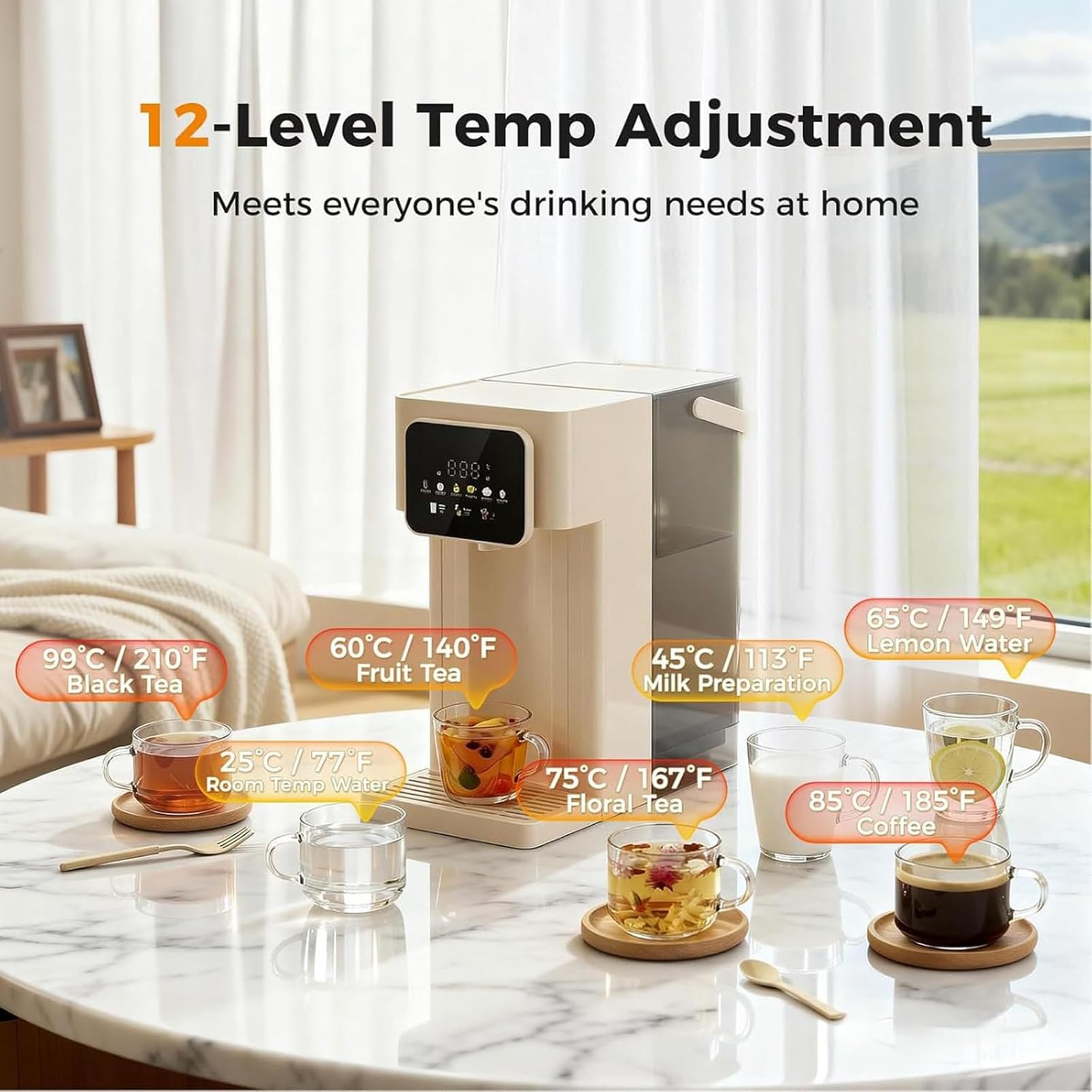 Distributore di acqua calda istantanea, macchina filtrante da tavolo da 3 litri con display touch LED, blocco bambini, 12 impostazioni di temperatura per casa, ufficio, cucina