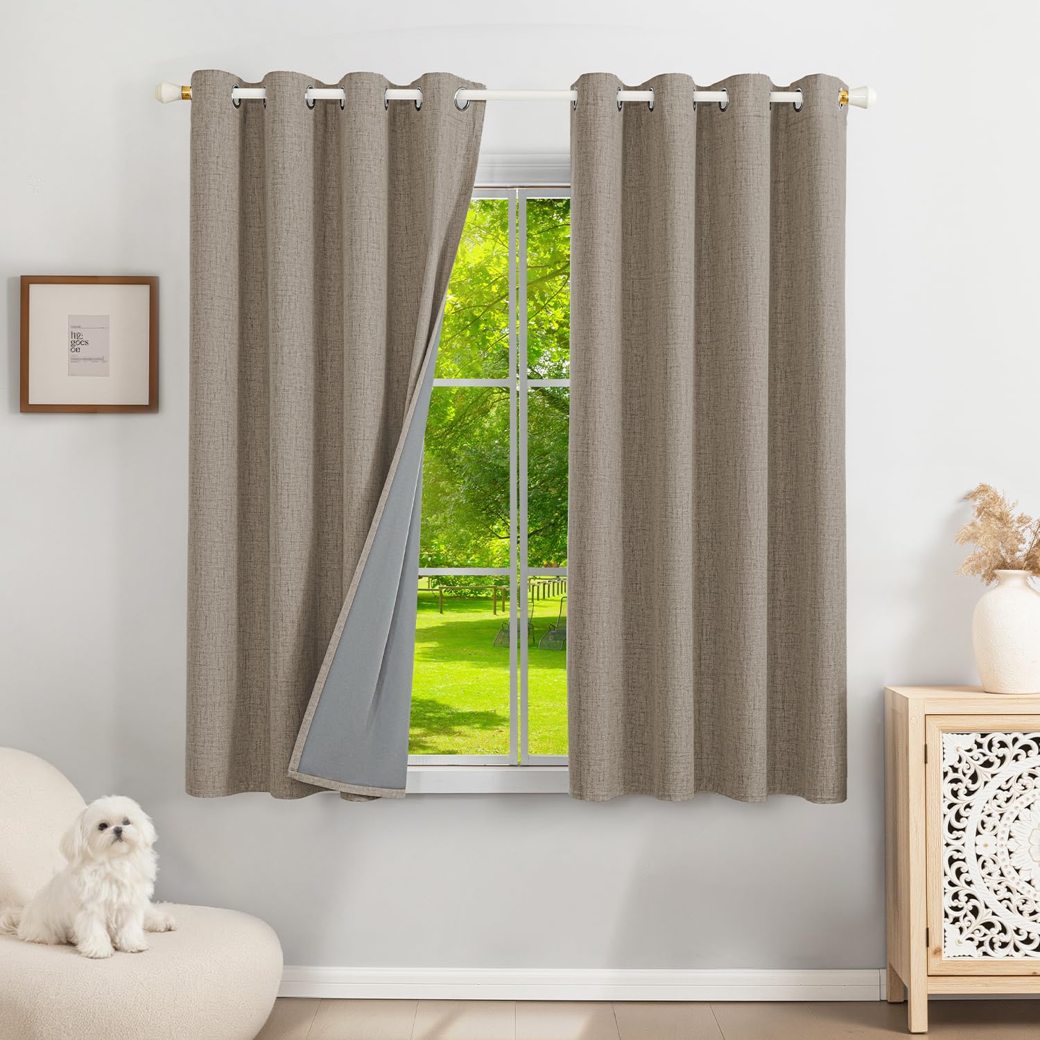 Runyéla 100% Blackout Linen Curtains Eyelet 46 x 54 Inch Drop for Bedroom Kitchen Living Room Thermal Curtain 2 Panels Linen