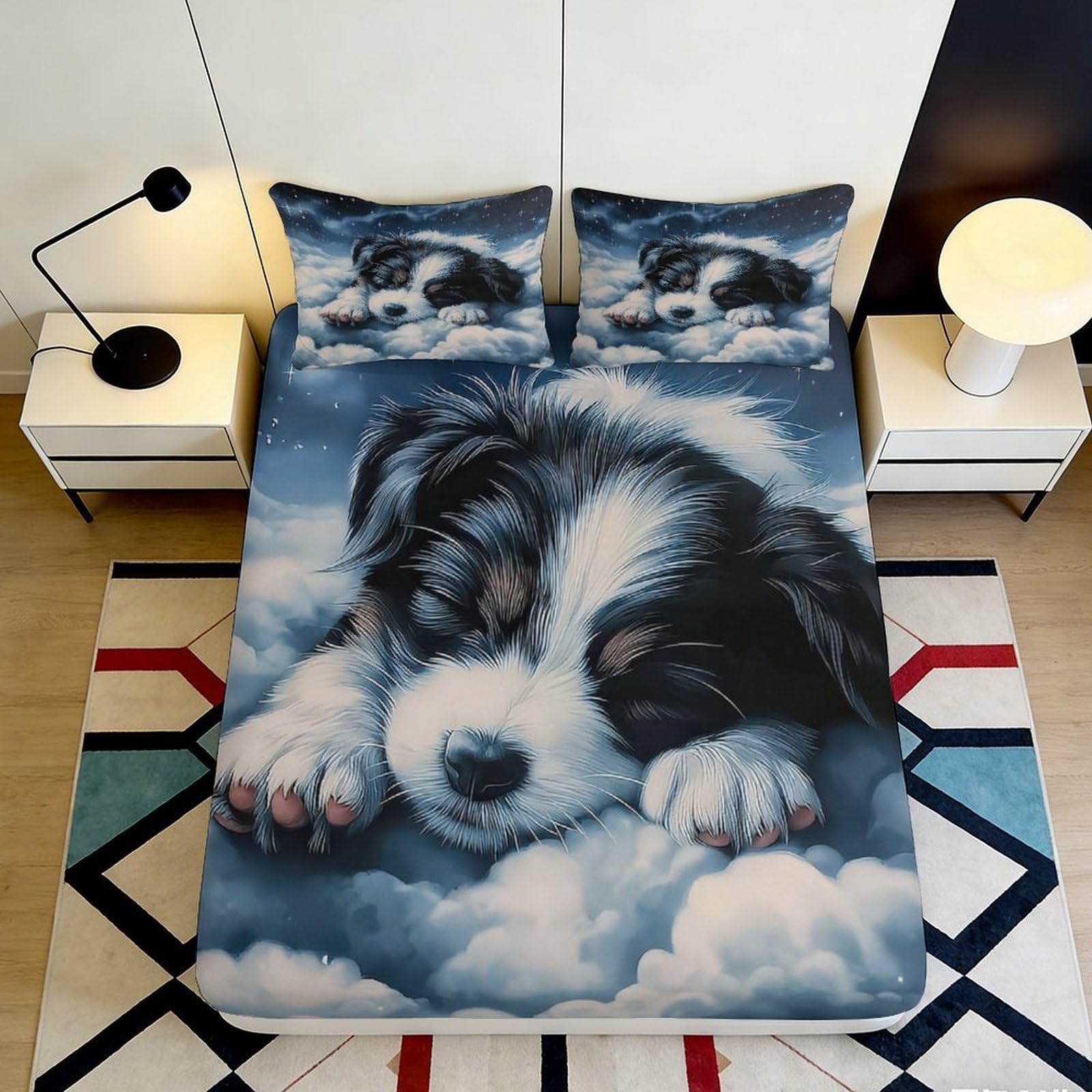 3D Printed Sleeping Puppy Fitted Sheet Microfiber Soft Non-slip Dreamy Clouds Bed Sheet for Bedroom Guest Room Decor 90x200x25cm