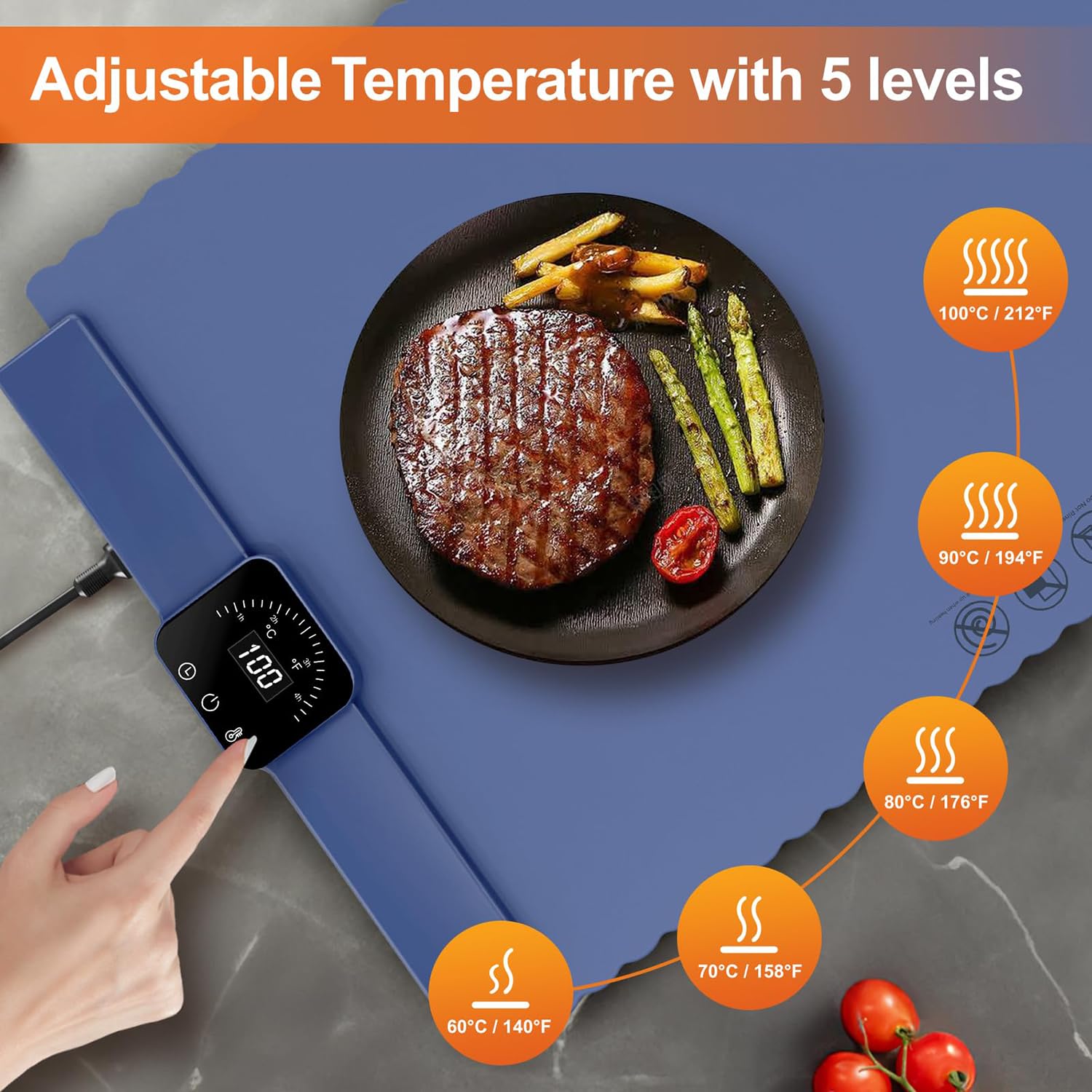 Scaldavivande elettrico portatile, arrotolabile, con guanti anti-scottatura, tappetino in silicone, 5 impostazioni di temperatura, timer 4 ore, blocco bambini, spegnimento automatico
