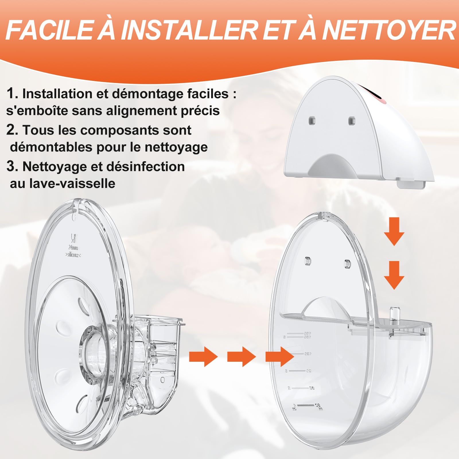 FUNYKICH Tire-Lait Électrique Portable Mains Libres à Porter, 4 Modes&12 Niveaux Réglables Avec 4 Taille d'Émbouts (24/21/19/17mm) pour la nuit et le bureau,Léger (223g),Écran LED (150-180 Min) 2PCS