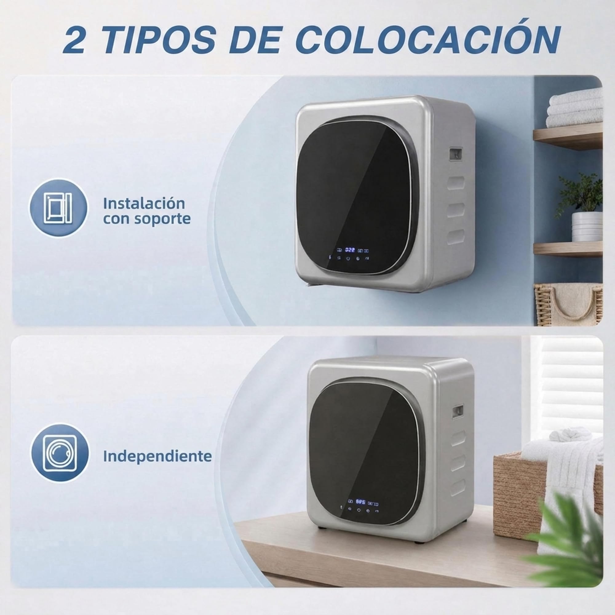 HOMCOM Secadora de Evacuación 3 kg Compacta 800W Pantalla Táctil Plata | Secadora de Ropa, Función Antiarrugas, Control Temperatura y Tiempo, Carga Frontal, Tambor Inox, Montable en Pared o Suelo