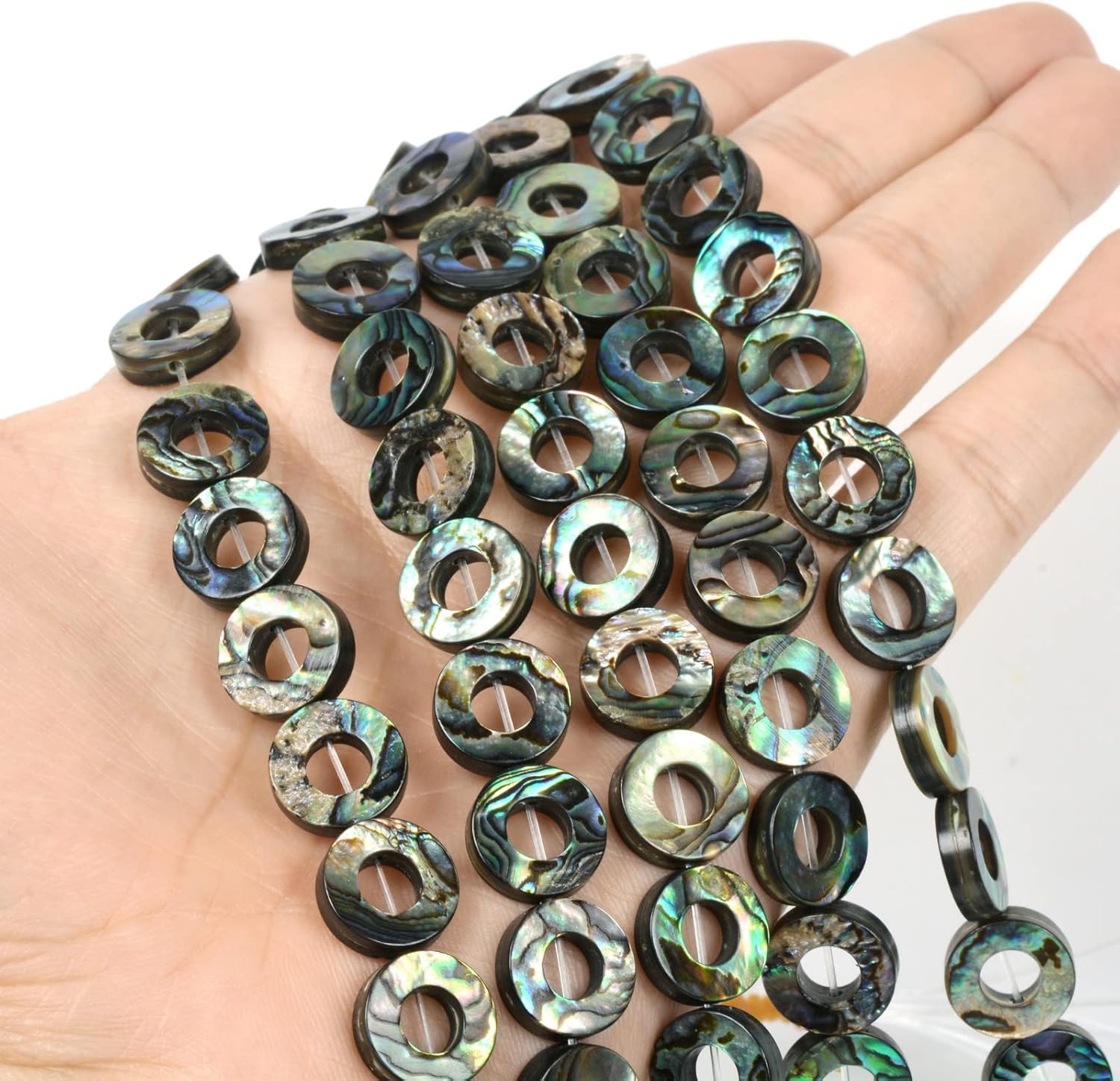 12mm Natural Abalone Shell Hollow Circle Flat Round Ring-Shape Donut Beads Strand 16 Inch for Jewelry Making