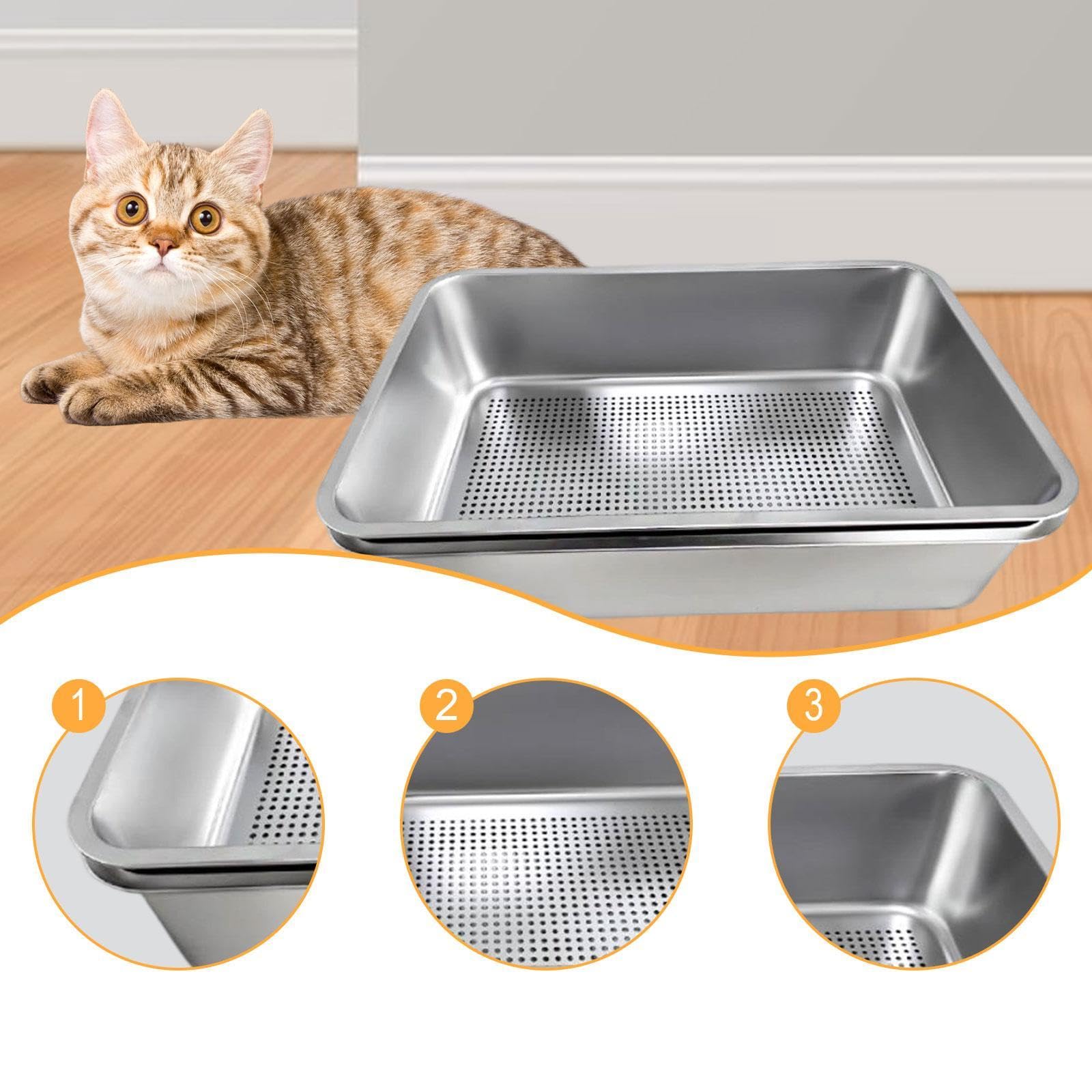 Lettiera per gatti in acciaio inox con setaccio per interni, grande lettiera aperta per gattini, 60 x 40 x 15 cm