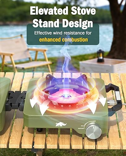 Miniatura 4 de Estufa de campamento con 2 quemadores de propano, 30,000 BTU plegable con rejillas resistentes al viento y sartén, estufas de campamento portátiles