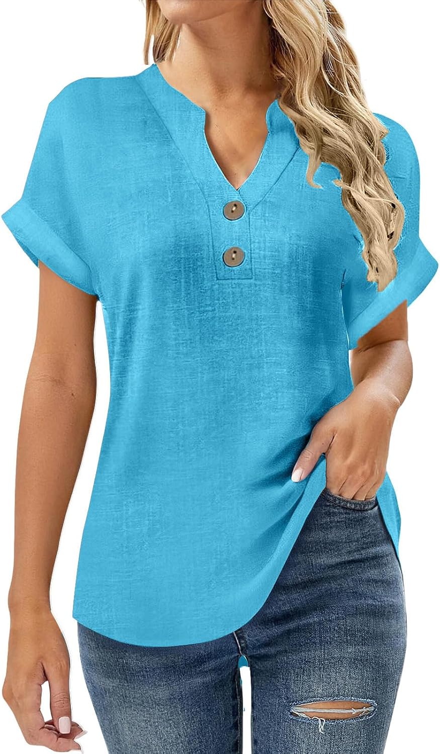 Womens Short Sleeve V Neck Henley Tops Cotton Linen Dressy Casual Blouses Summer Vacation Tee Shirts Fashion Clothes