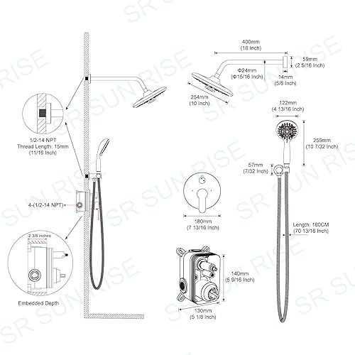 Miniatura 9 de Sistema de ducha negro, 3 funciones, grifo de ducha de lluvia de 10 pulgadas, juego de cabezal de ducha de mano de 6 ajustes, válvula incluida,