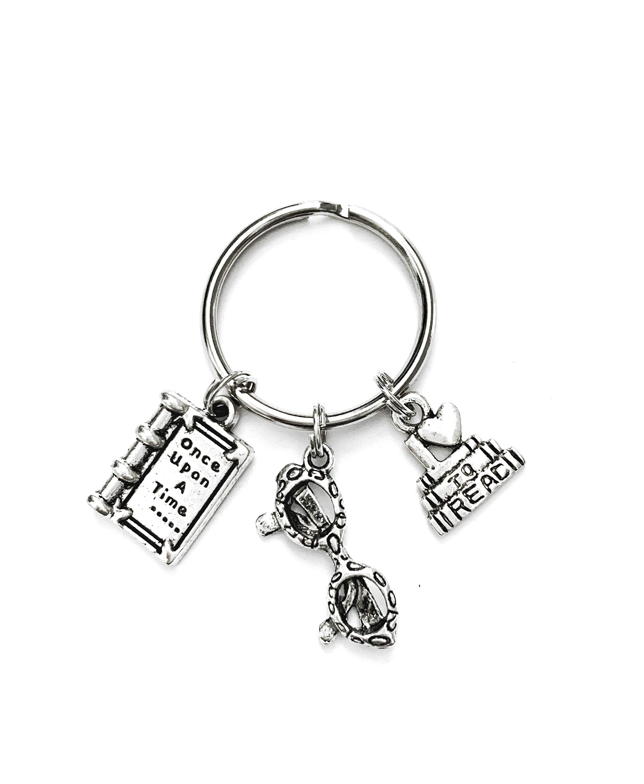HandmadeBook Lover theme keychain. Perfect Librarian Gift. Includes Books with I Love to Read, Reading Glasses, and a Once Upon a Time Novel charms. Book worm, Avid Reader gift.