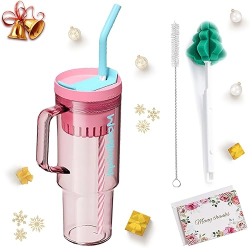 Amoilly Vaso de 40 onzas con tapa con pajilla con asa, botella de agua aislada, taza de viaje, taza de café, con cepillos gratis + manga inferior,