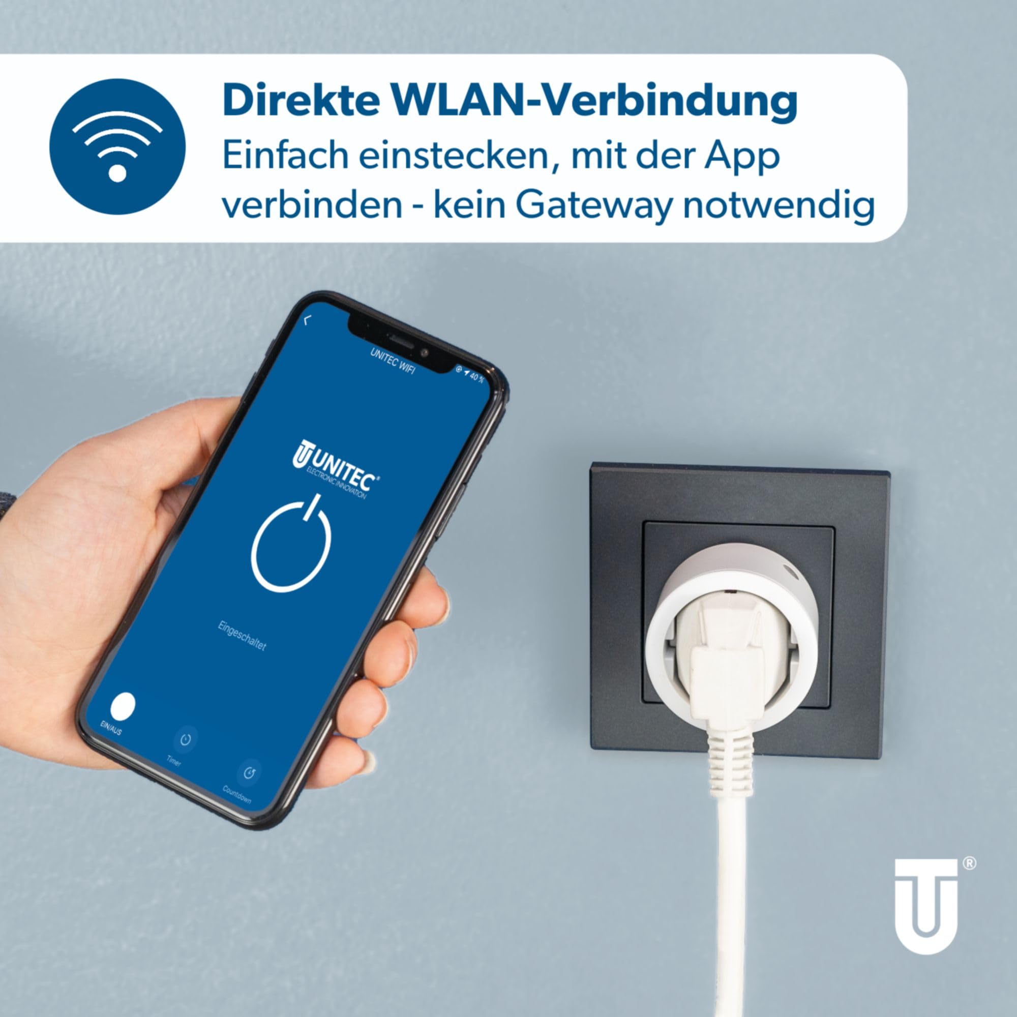 UNITEC - Adattatore Wi-Fi, presa intelligente WLAN, con timer e temporizzatore, Design Award 2021