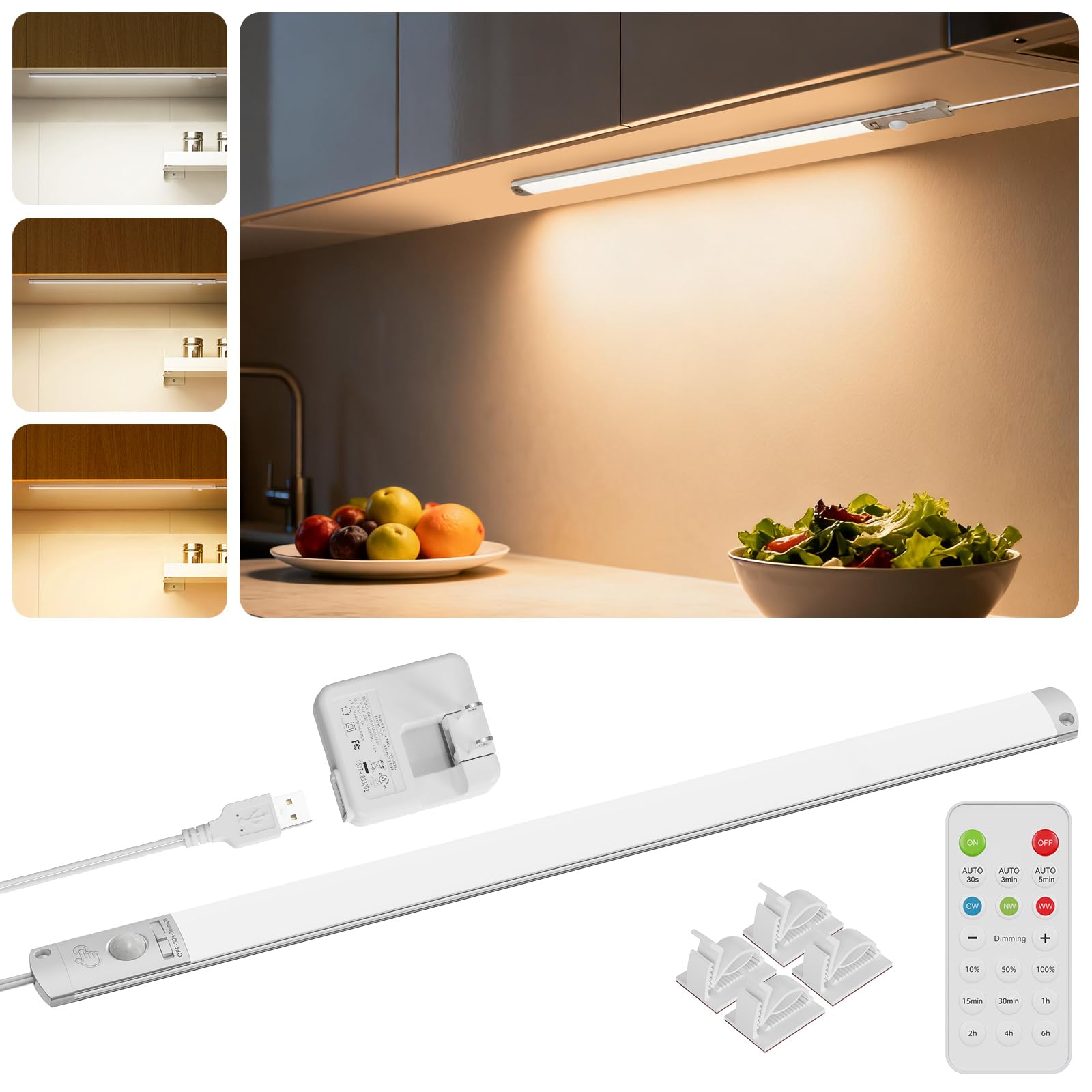Photo 1 of [bent] BLS 0.3" Ultra Thin Motion Sensor Under Cabinet Lights Plug in, 400LM 3 Color Dimmable LED Light Bar with Remote, USB Wired Under Counter Lighting for Kitchen Desk Shelf Workbench (No Battery), 17inch