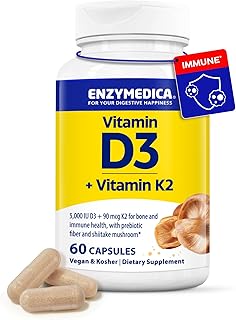 Enzymedica Vitamin D3 K2, 5000 IU Vegan D3 + 90 mcg MK-7, Plant-Based Supplement with Shiitake Mushroom & Prebiotic Fiber for Bone & Immune Support, 60 Capsules