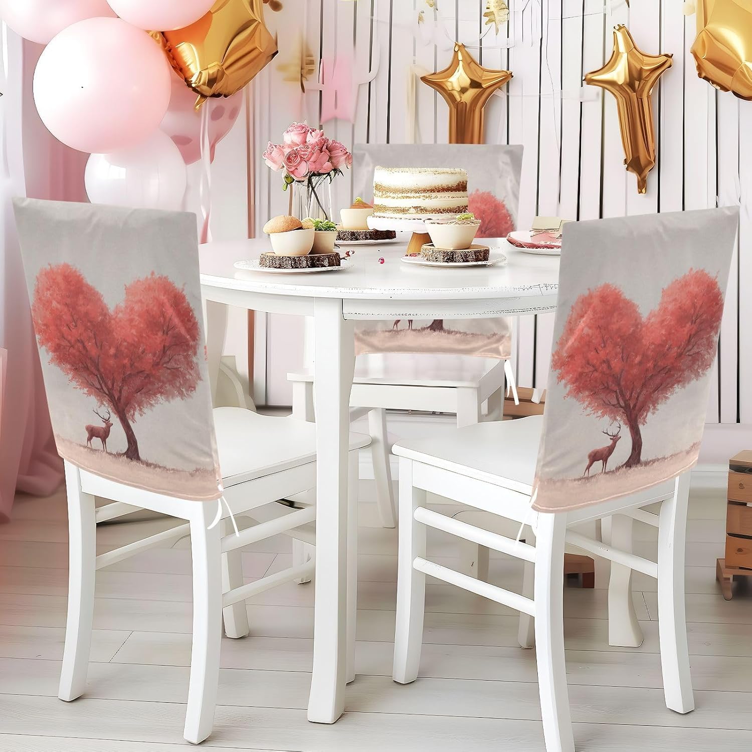 ALAZA Hearts Trees Deer Chair Back Cover Set of 6, Washable Reusable Removable Chair Slipcovers Decorative Chair Cover for Home Kitchen Wedding Party