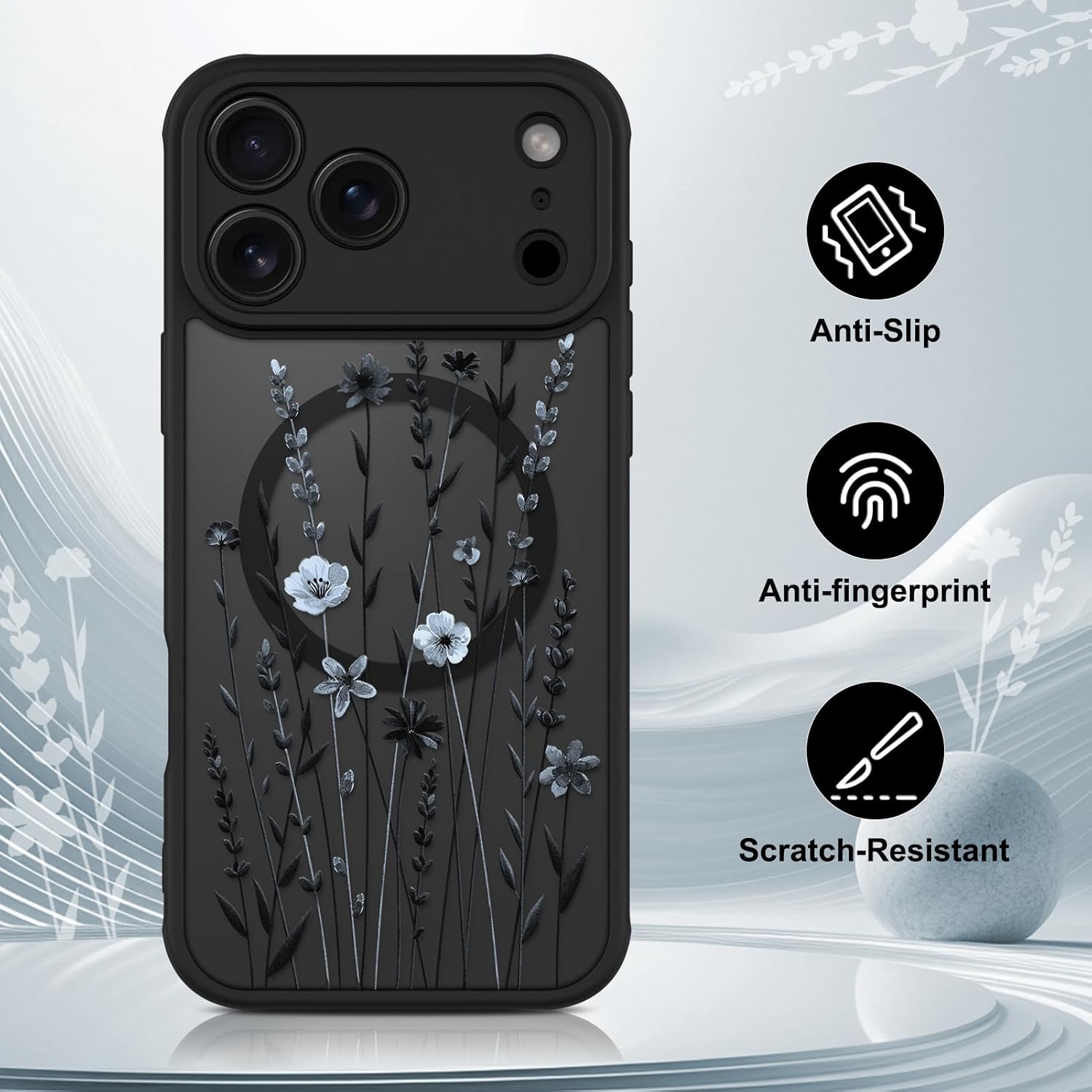 OOK Case for iPhone 17 Pro Max 6.9 Inch (Compatible with MagSafe) Blue Floral Flowers Translucent Phone Cover Soft TPU + Hard PC Anti-Scratch Shockproof Magnetic Case for Women