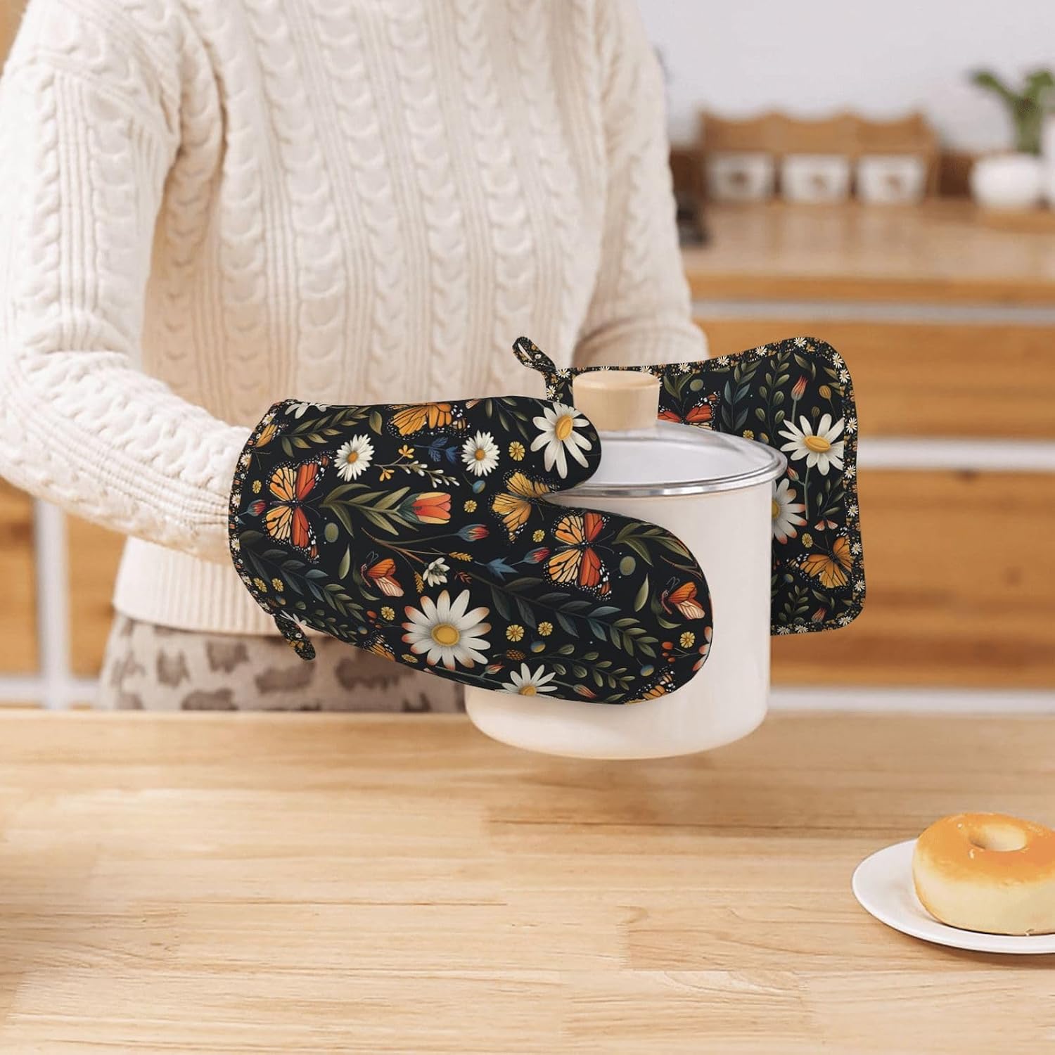 Oven Mitts Pot Holders Set Vintage Butterfly Daisy Leaf Silicone Kitchen Gloves Potholders Heat Resistant for Chef Baking Cooking Grilling BBQ 4 Pack Mitt