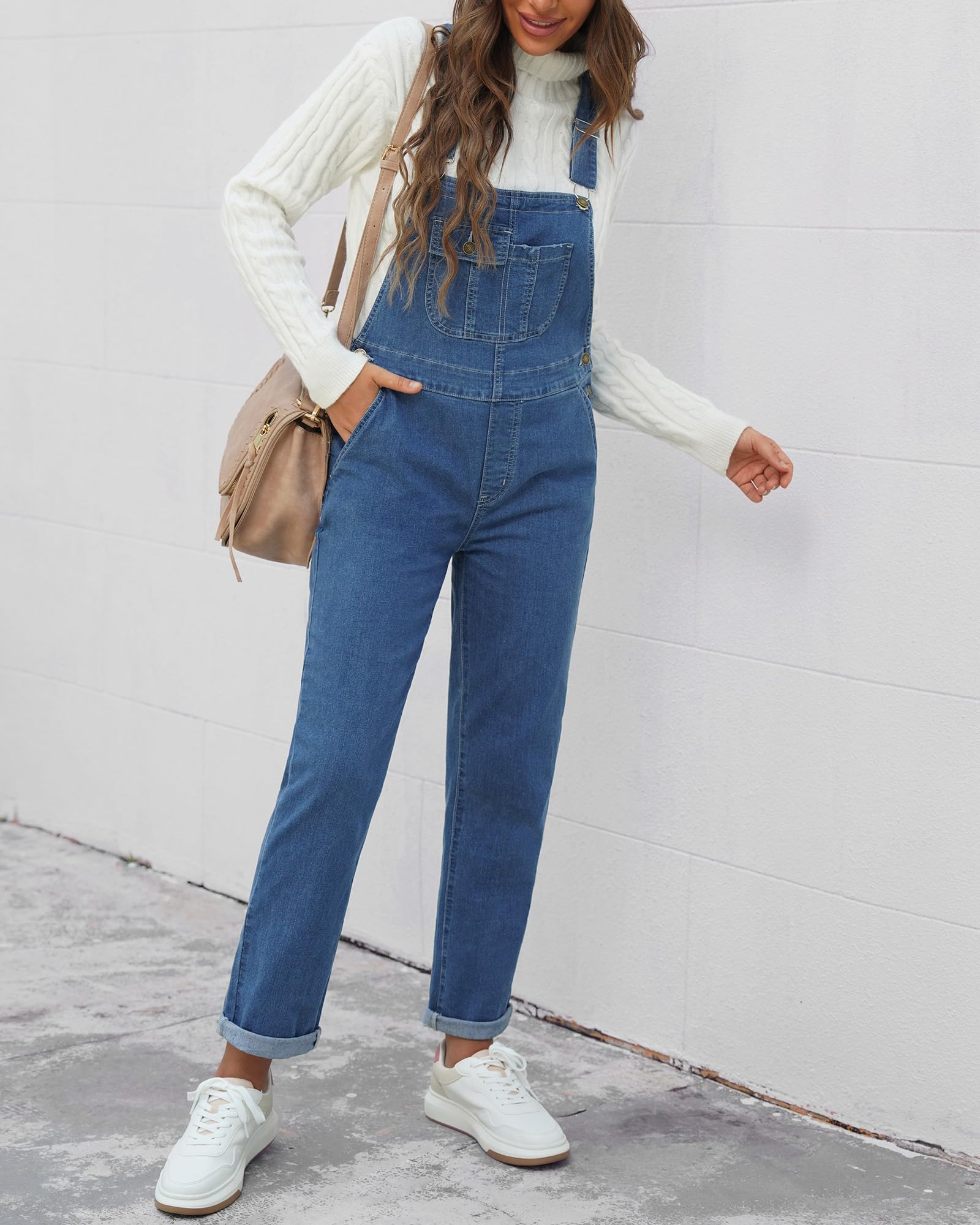 Roskiky Salopette da donna in denim, elasticizzati, dritta, in jeans, vestibilità normale, con cinghie regolabili