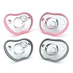 Nanobebe Baby Pacifiers 0-3 Month - Orthodontic, Curves Comfortably with Face Contour, Award Winning for Breastfeeding Babies, 100% Silicone, Baby Registry Gift 4pk,Pink/Grey
