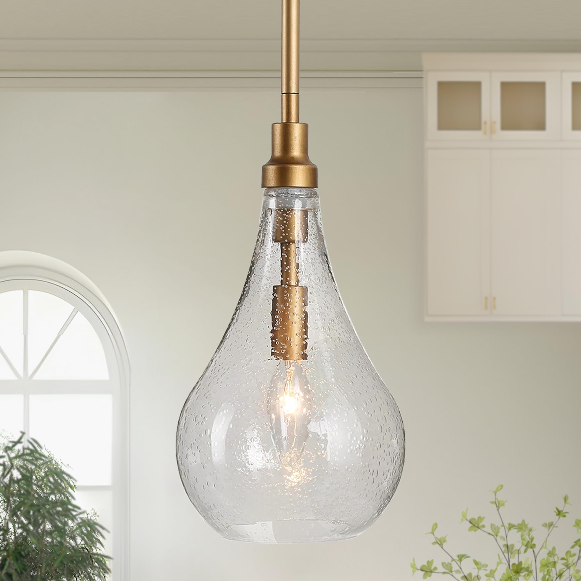 Pendant Light Kitchen Island, 1-Light Modern Gold Pendant Light Fixtures Seeded Glass Hanging Pendant Lights for Dining Room, Bedroom, Hallway, Entryway