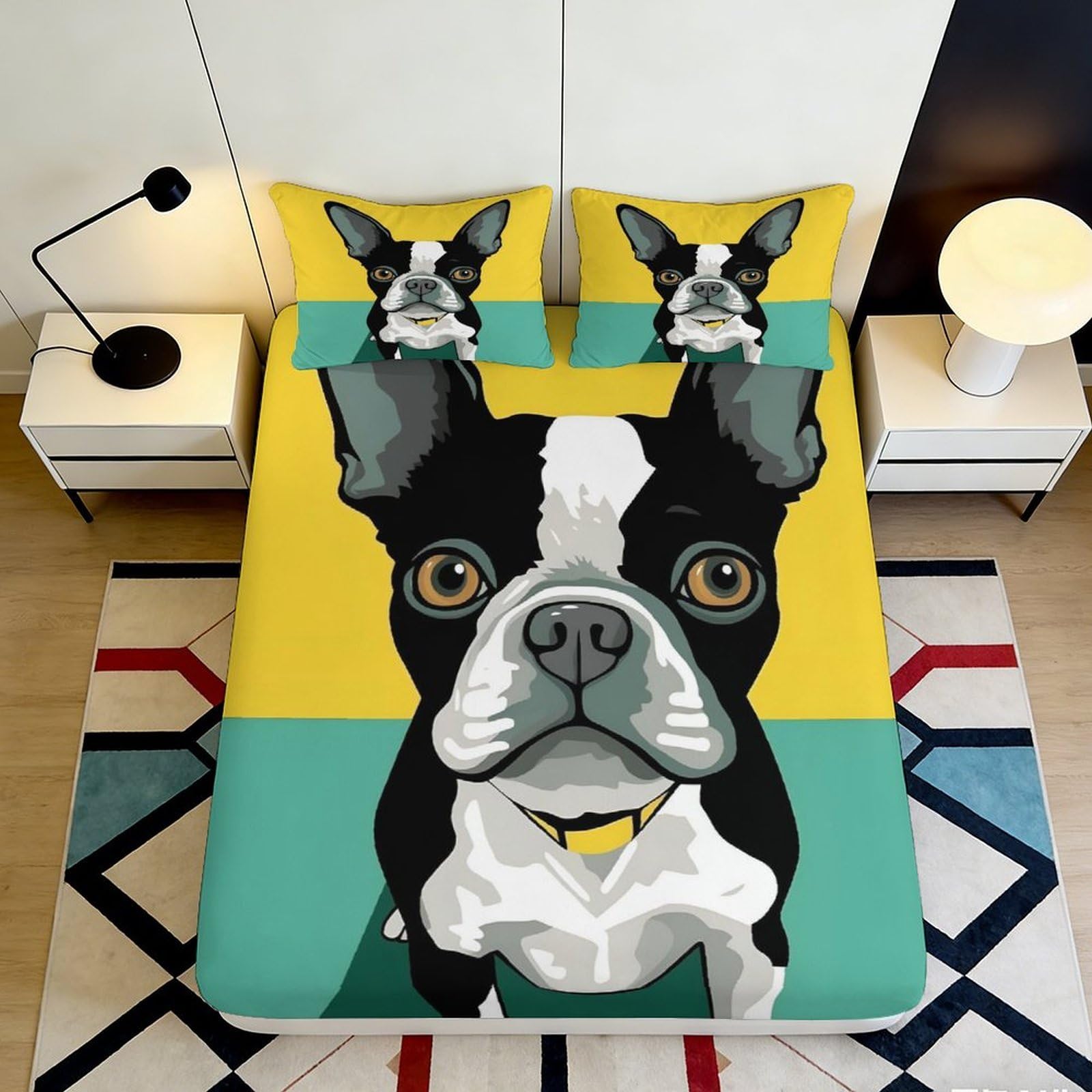 3D Printed French Bulldog Fitted Sheet Microfiber Yellow Green Modern Mattress Cover for Bedroom Guest Room Easy Care 90x200x25cm