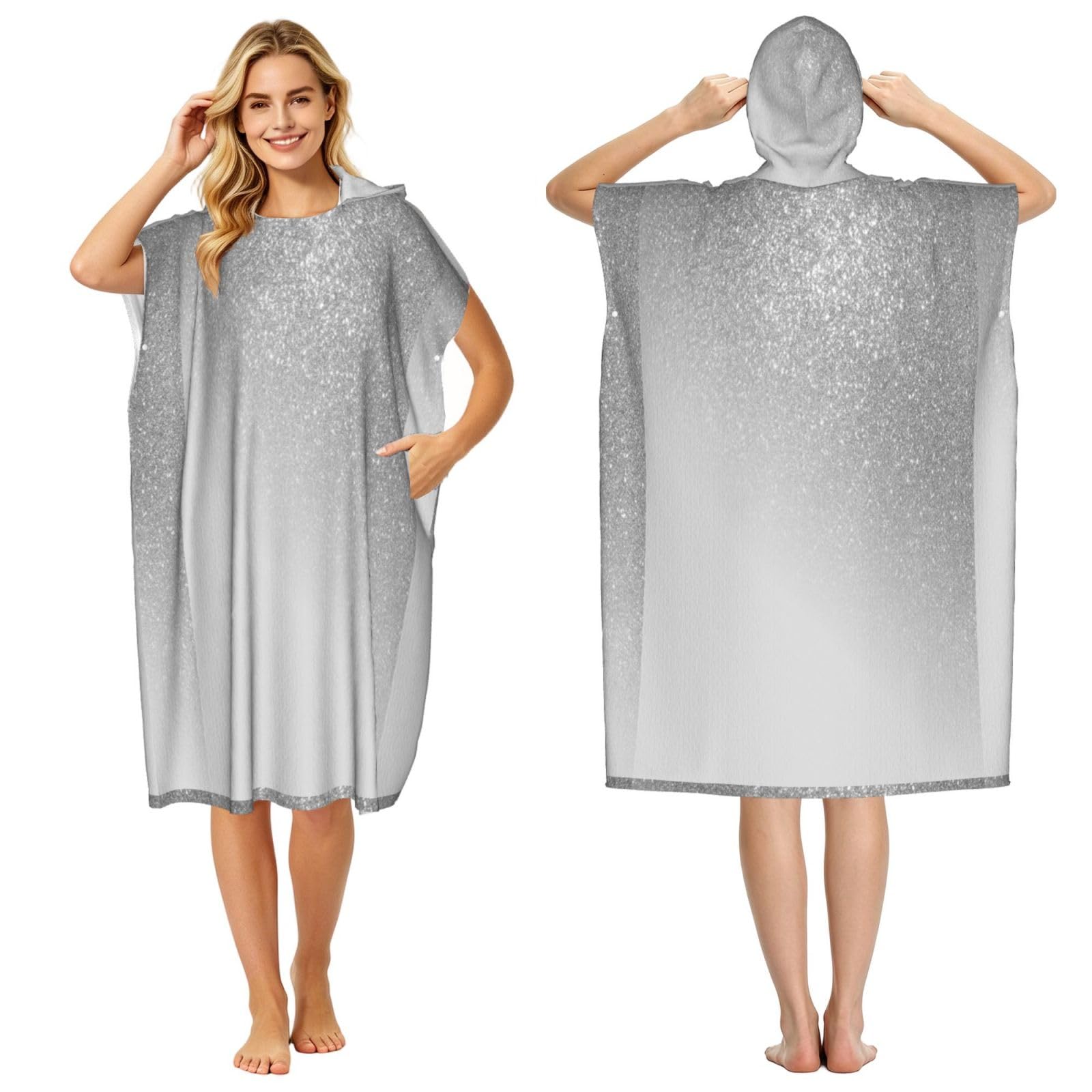 Poadnly Diagonal Gray Silver Glitter, Adult Hooded Beach Towel 90 x 110 cm,Changing Bath Robe, Surf Poncho Towel For Women Men
