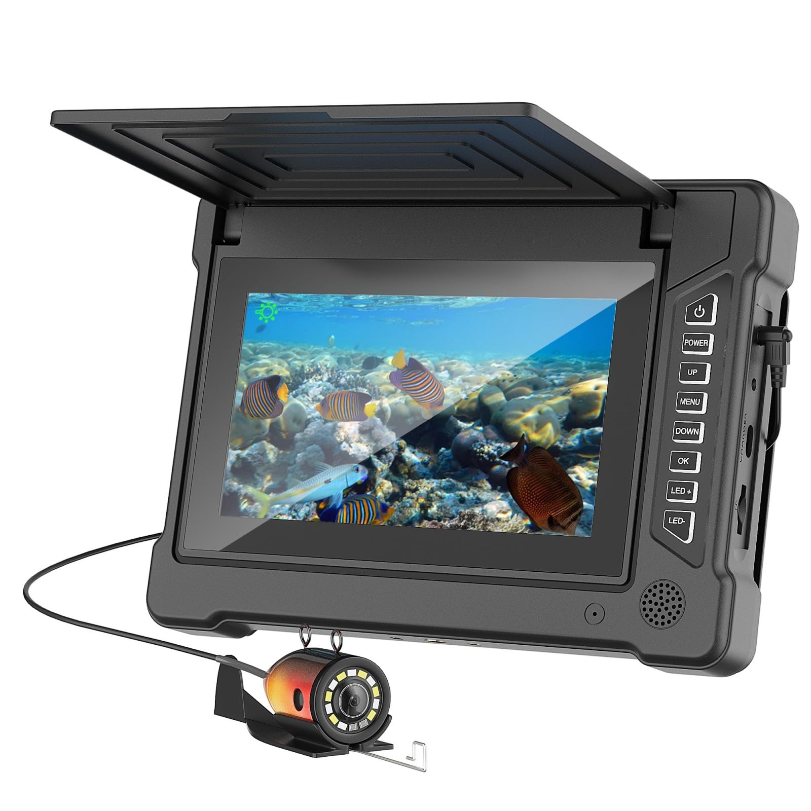 Cámara de Pesca Submarina 7" IPS con Visera, HD 1200TVL Gran Angular, IP68, Fish Finder para Hielo Mar Lago