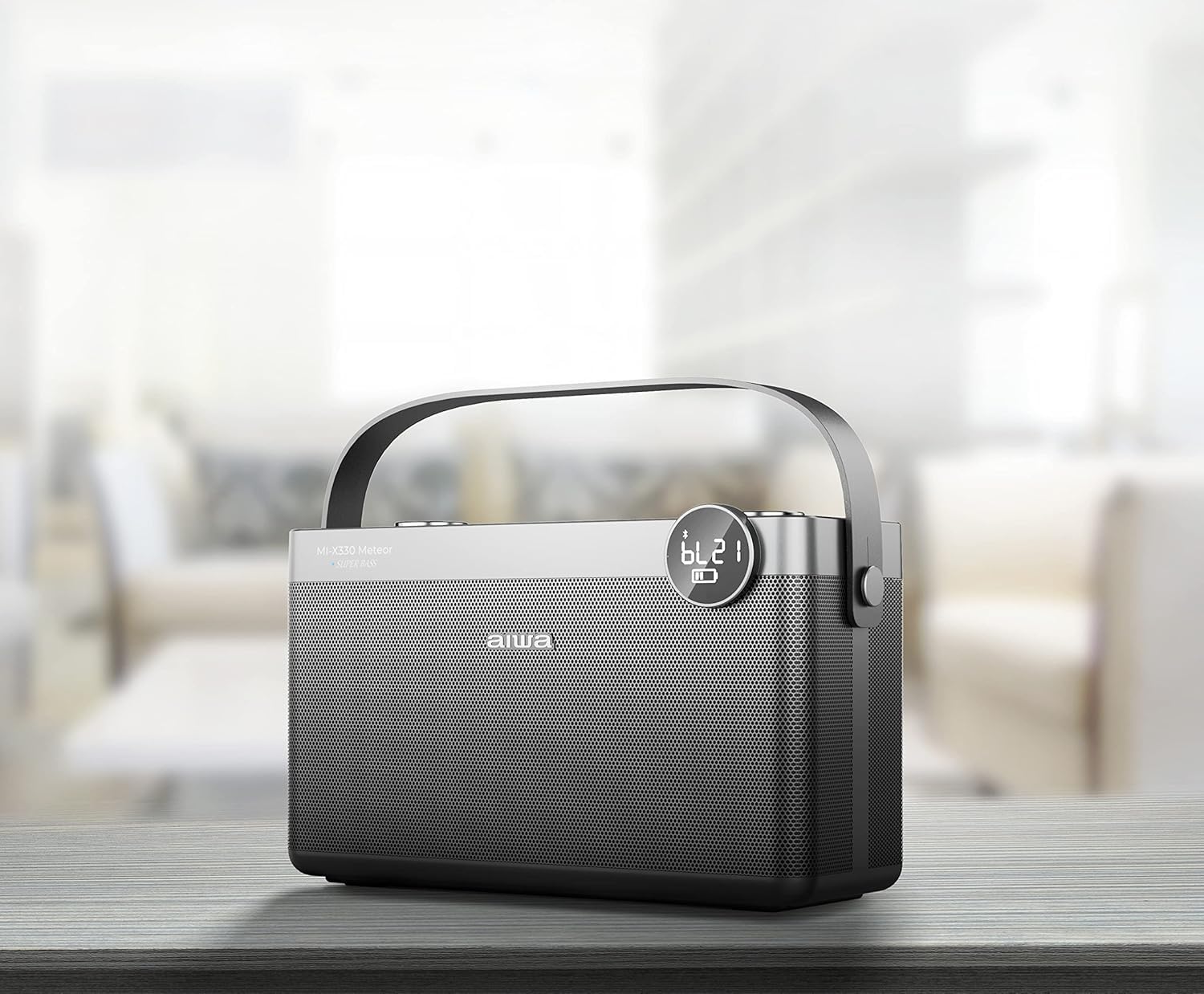 Aiwa MI-X330 Meteor Bluetooth Speaker with dimensions: 30cm width, 18cm height, 18cm depth.