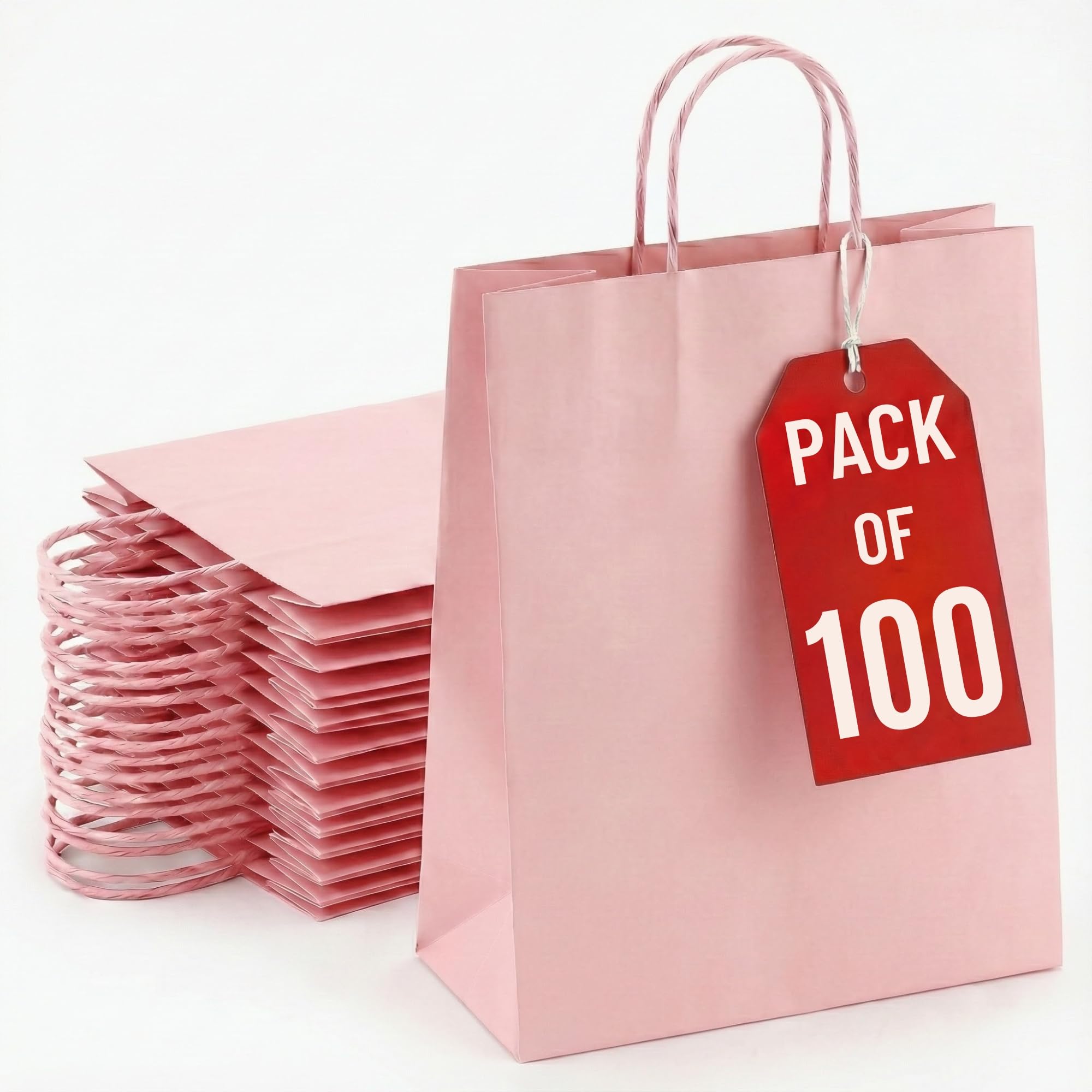 Kids Party Bags - 100Pcs Wrinkle Free Paper Party Bags with Twisted Handles - Pink Party Bags, 100gsm Strong Recyclable Gift & Kraft Bags for Birthdays & Baby Showers 24×18×8cm