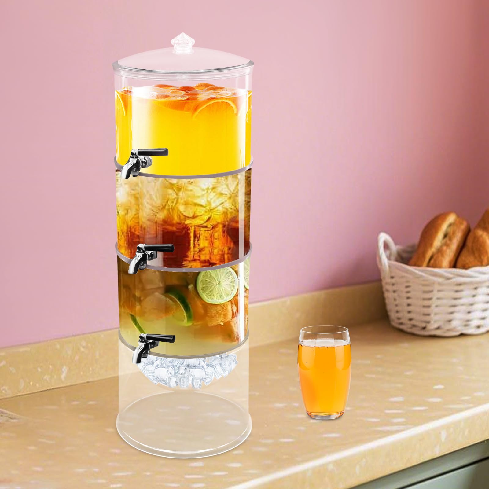 Getränkespender mit 3 Ebenen, Behälter aus Acryl mit Wasserhahn, Eisfach, stapelbares Design, spülmaschinengeeignet, für Saft, Limonade und Cocktails