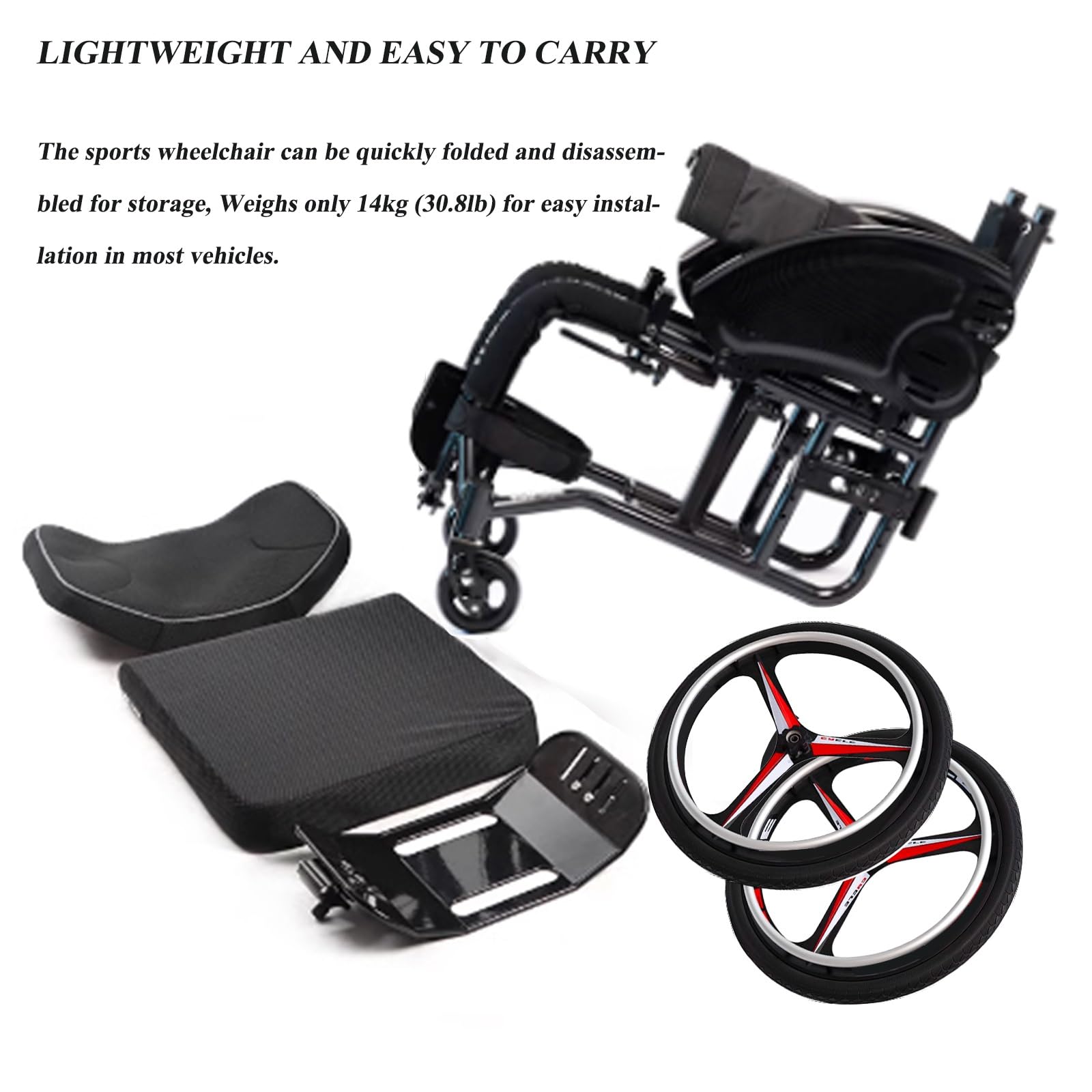 Składany wózek samonastawny, samobieżny ręczny wózek inwalidzki, aluminium, lekki, wózek sportowy, kieszeń do przechowywania (42 cm/16,5 cala)