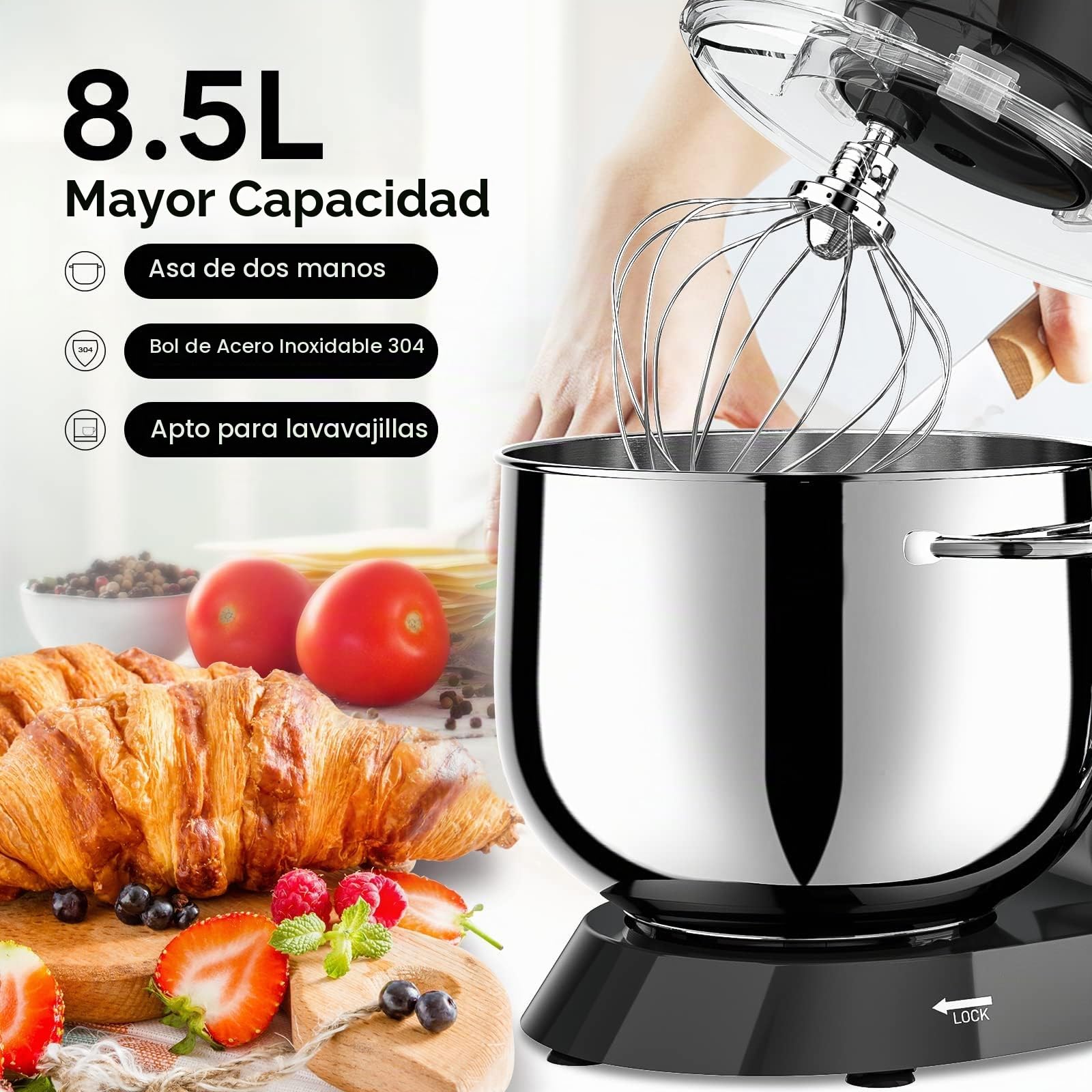 Batidora Amasadora Vezzio 8.5L Repostería Profesional 1500 W 6 Velocidades Robot de Cocina Batidora Multifunción Bajo Ruido Bol de Acero Inoxidabl, Amasador, Batidor y Varillas (Black)
