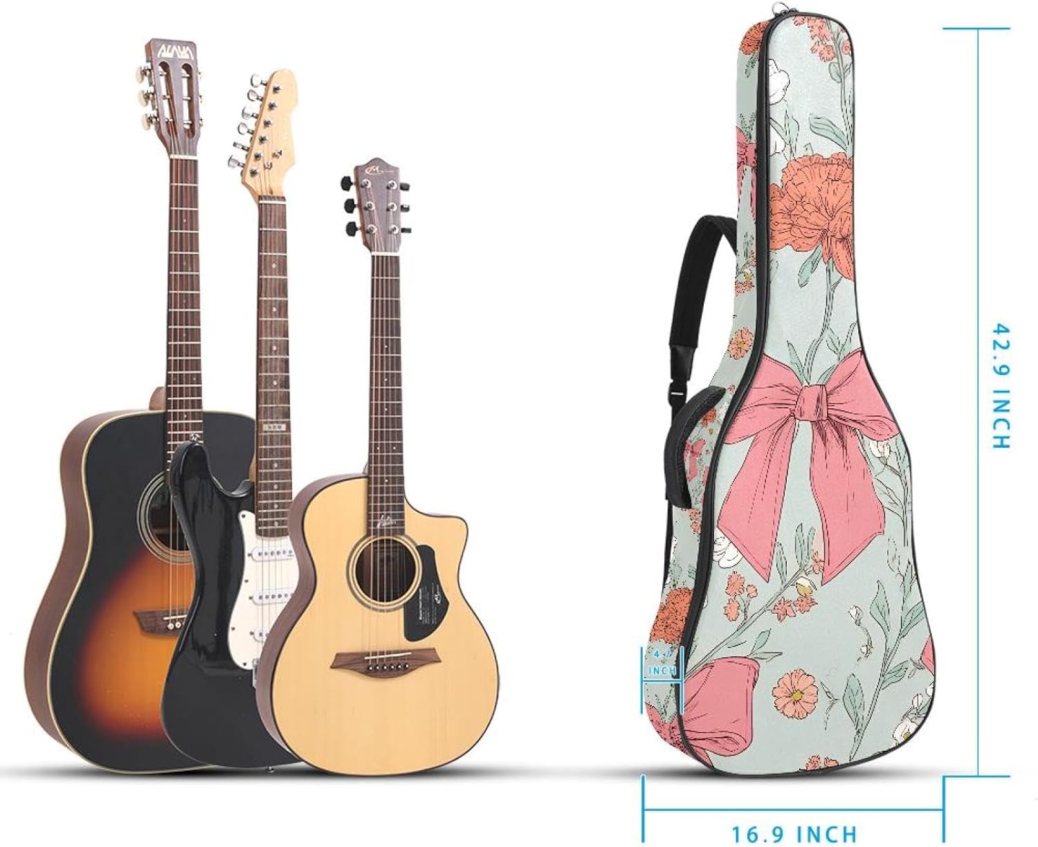 40 41 42 Inch Acoustic Guitar Bag, 0.4 In Thick Sponge Padded Guitar Case Gig Bag with Back Hanger Loop and 2 Pockets, Cute Pink Bow and Floral Pastel Background