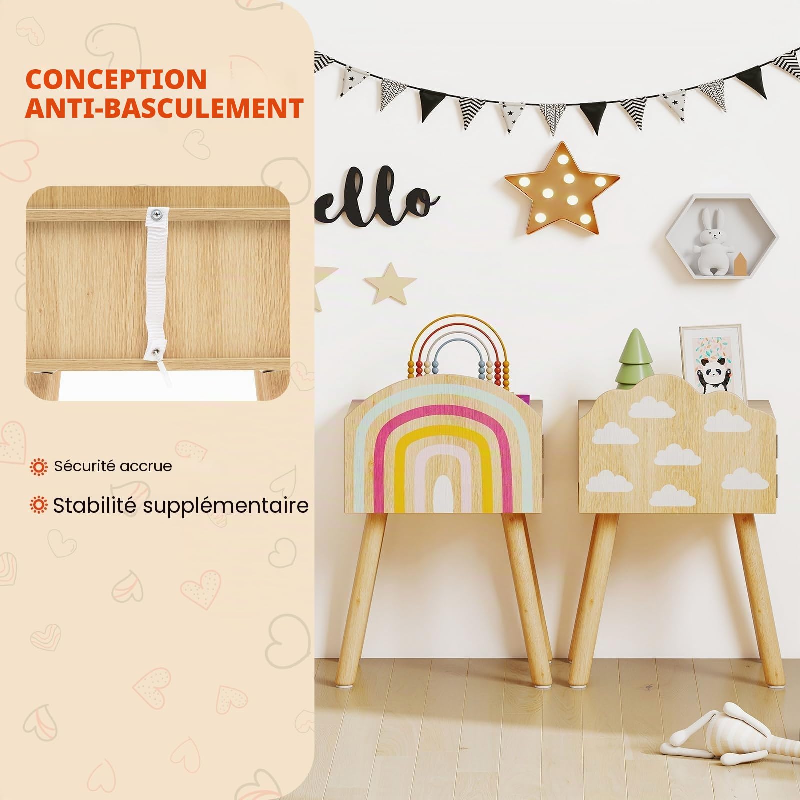 FANTASK Lot de 2 Tables de Chevet pour Enfant avec Motifs Arc-en-Ciel et Nuages - Petite Table d'appoint Mignonne et Pieds en Bois Massif - Table de Chevet pour Chambre d'enfant - 34 x 30 x 54 cm