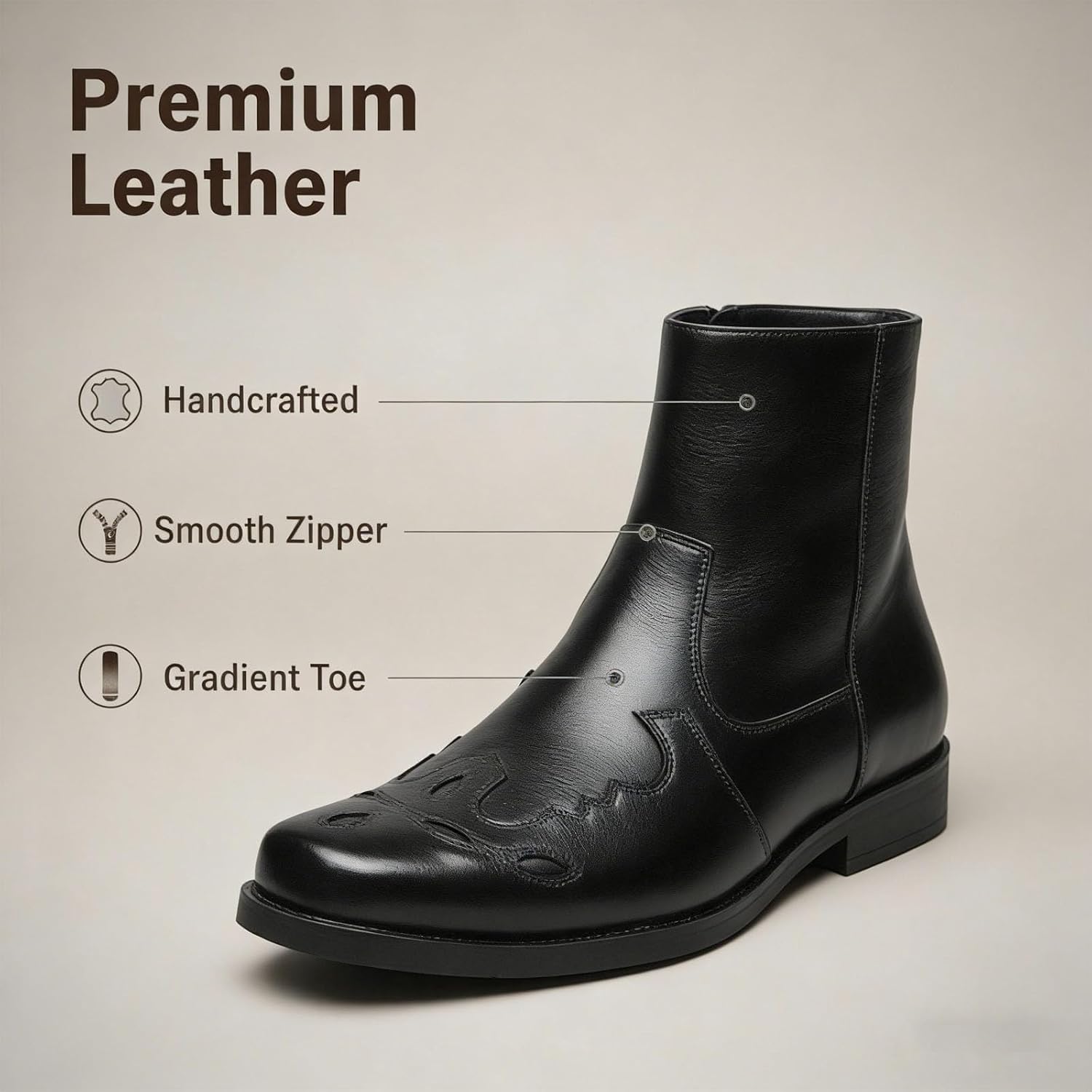 Men'S Cap Square Toe Chelsea Boots with Side Zipper Chunky Heel Non Slip Slouchy Western Dress Mid Calf Ankle Bootie for Outdoor Motorcycle Combat