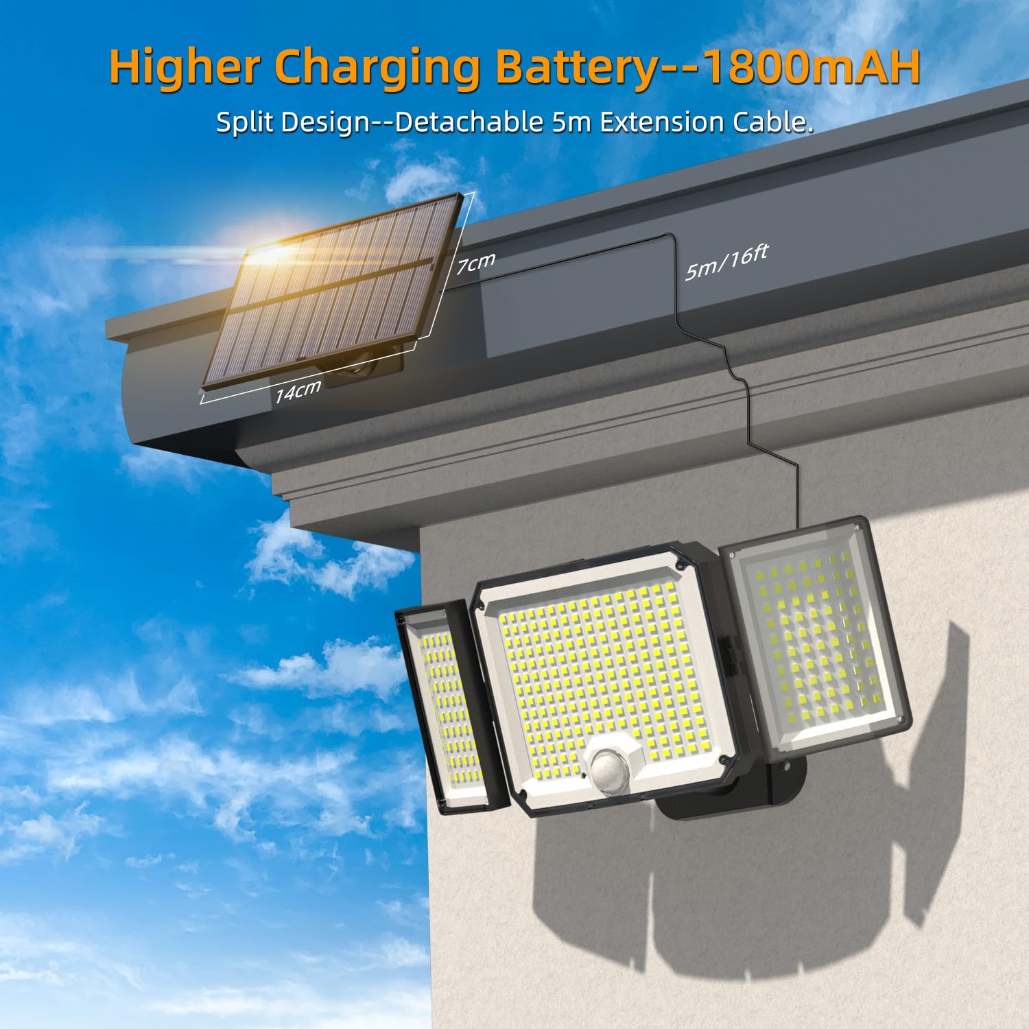 Lampada Solare da Esterno , 346 LED Luci Solari Esterno con Sensore di Movimento, Faretti Solari Led con Telecomando, Cavo da 5m, IP65 Impermeabile, Lampada Solari da Giardino Illuminazione 270°