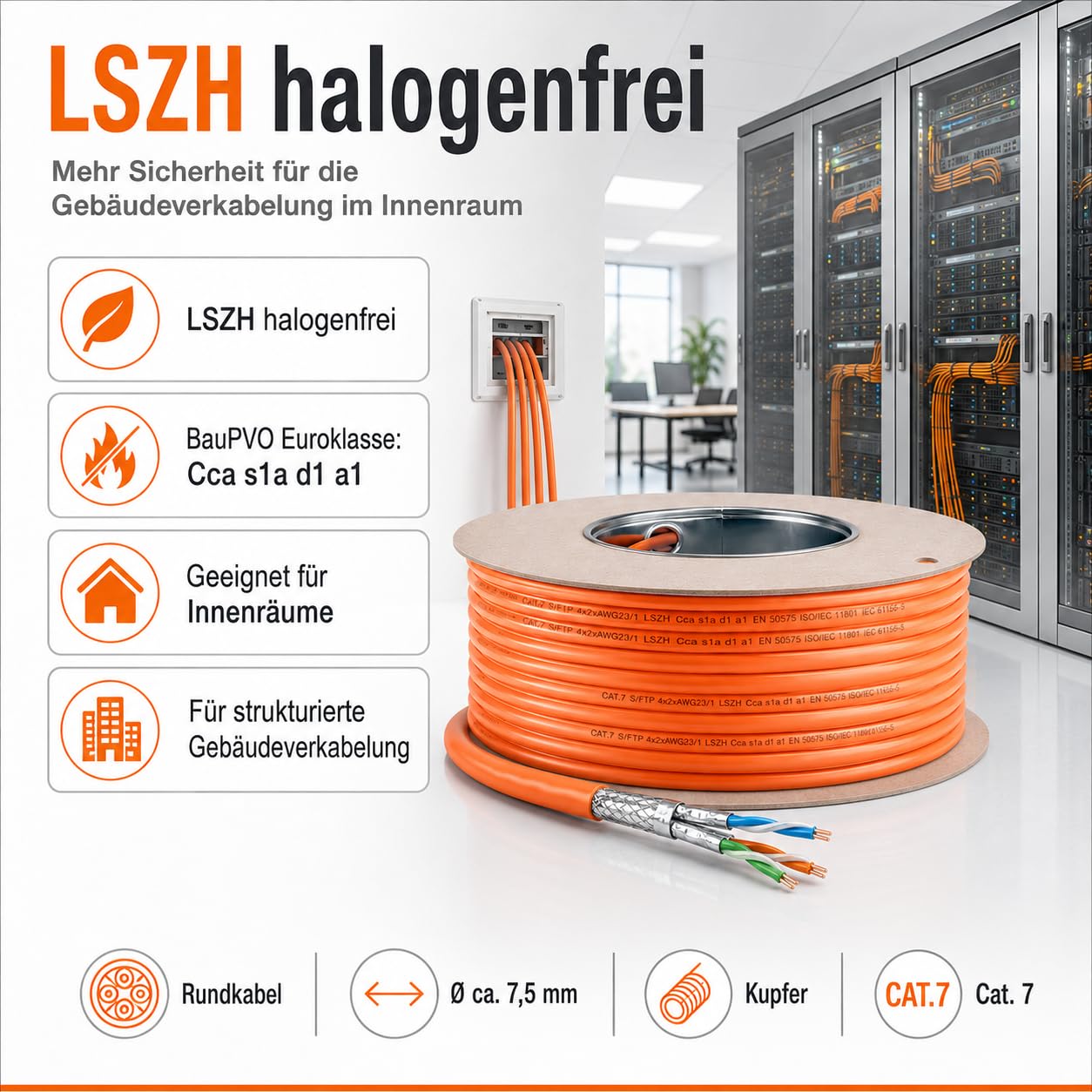 1aTTack.de Câble d'installation CAT 7 Câble réseau GHMT Câble d'installation LAN CAT.7 sans halogène Câble CAT7 Câblage réseau Câble de données Gigabit cuivre Ethernet 100m