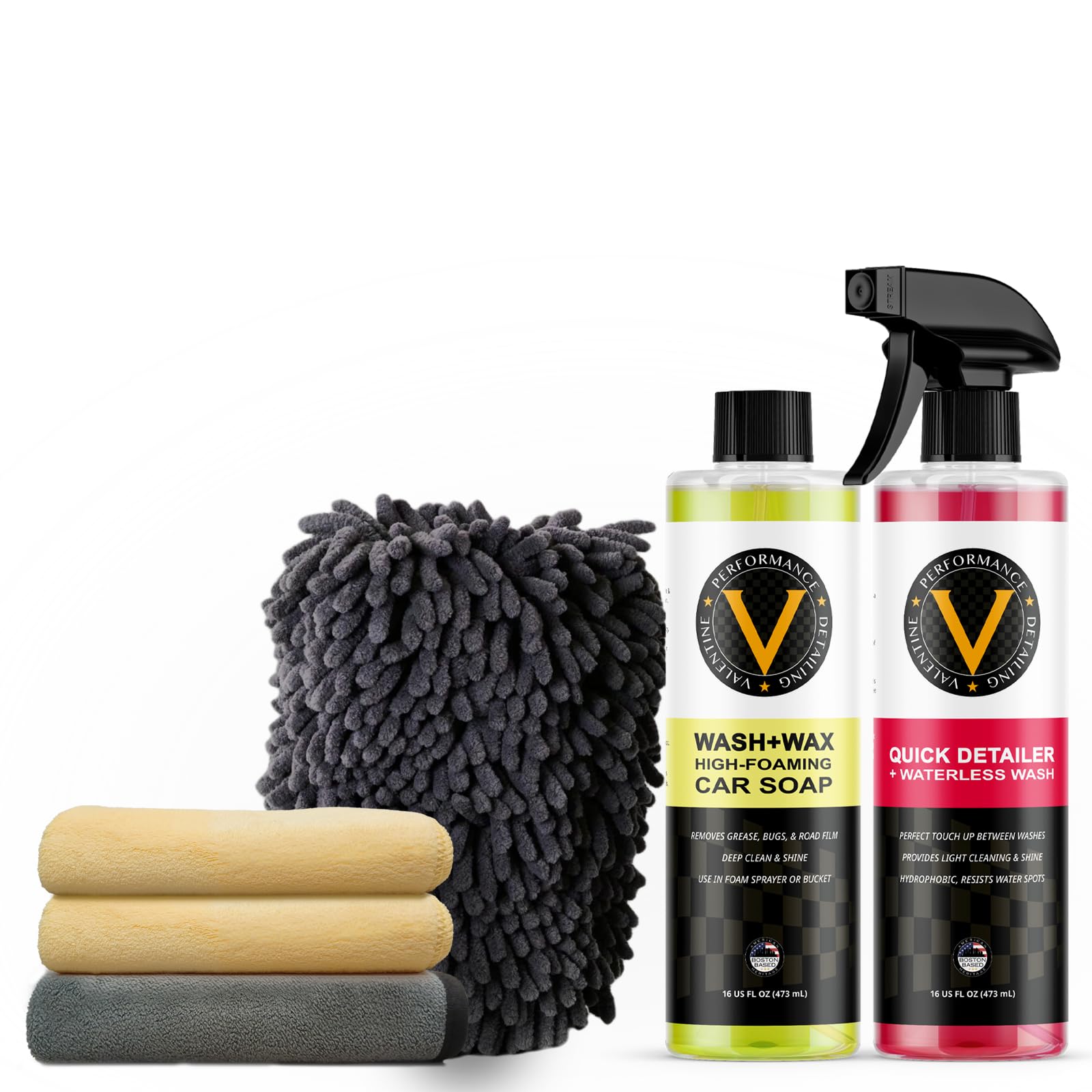 VPD Exterior Car Wash Kit - Premium Detailing Kit Includes Wash & Wax, Waterless Wash Quick Detailer, 3 Coral Fleece Microfiber Towels, 1 Double-faced Mitt - Complete Car Care Solution