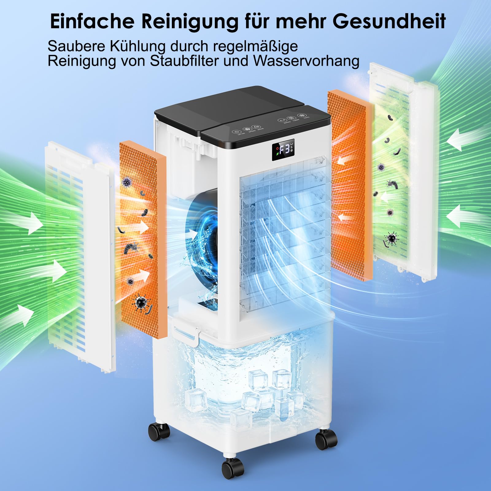 Climatiseur Portable 4 en 1, Rafraîchisseur d’Air Évaporatif avec Réservoir de 10L, 4 Modes et 3 Vitesses, Minuterie 1–12h avec Roulettes, 4 Blocs Réfrigérants, pour la Maison, Blanc (Mat)