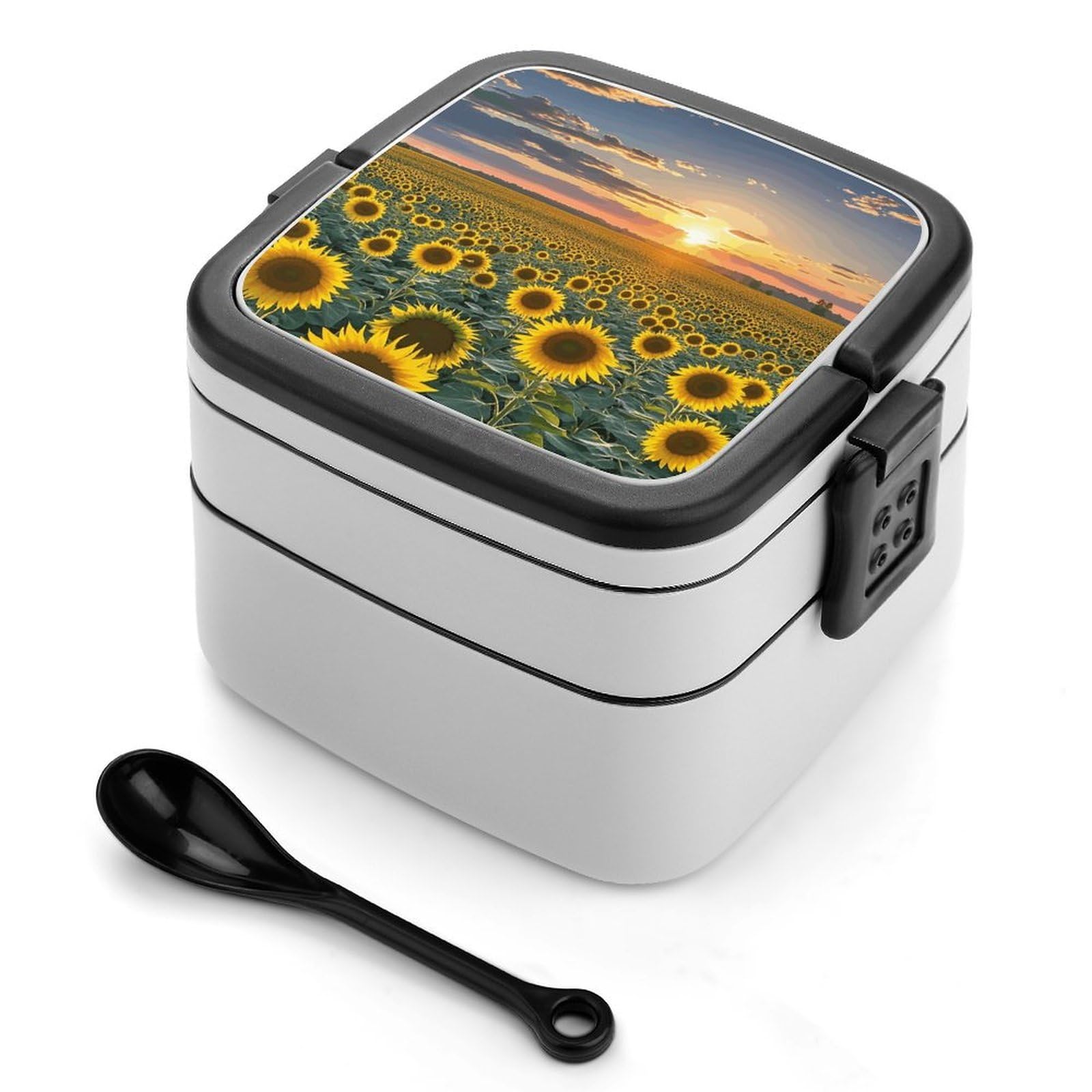 Dreamlike Sunset Of A Sunflower Field Bento Box with Compartments Portable Lunch Containers with Spoon Leak Proof Bento Lunch Box Snap-On Design Double-Layer Insulated Lunch Boxes for Work Camping