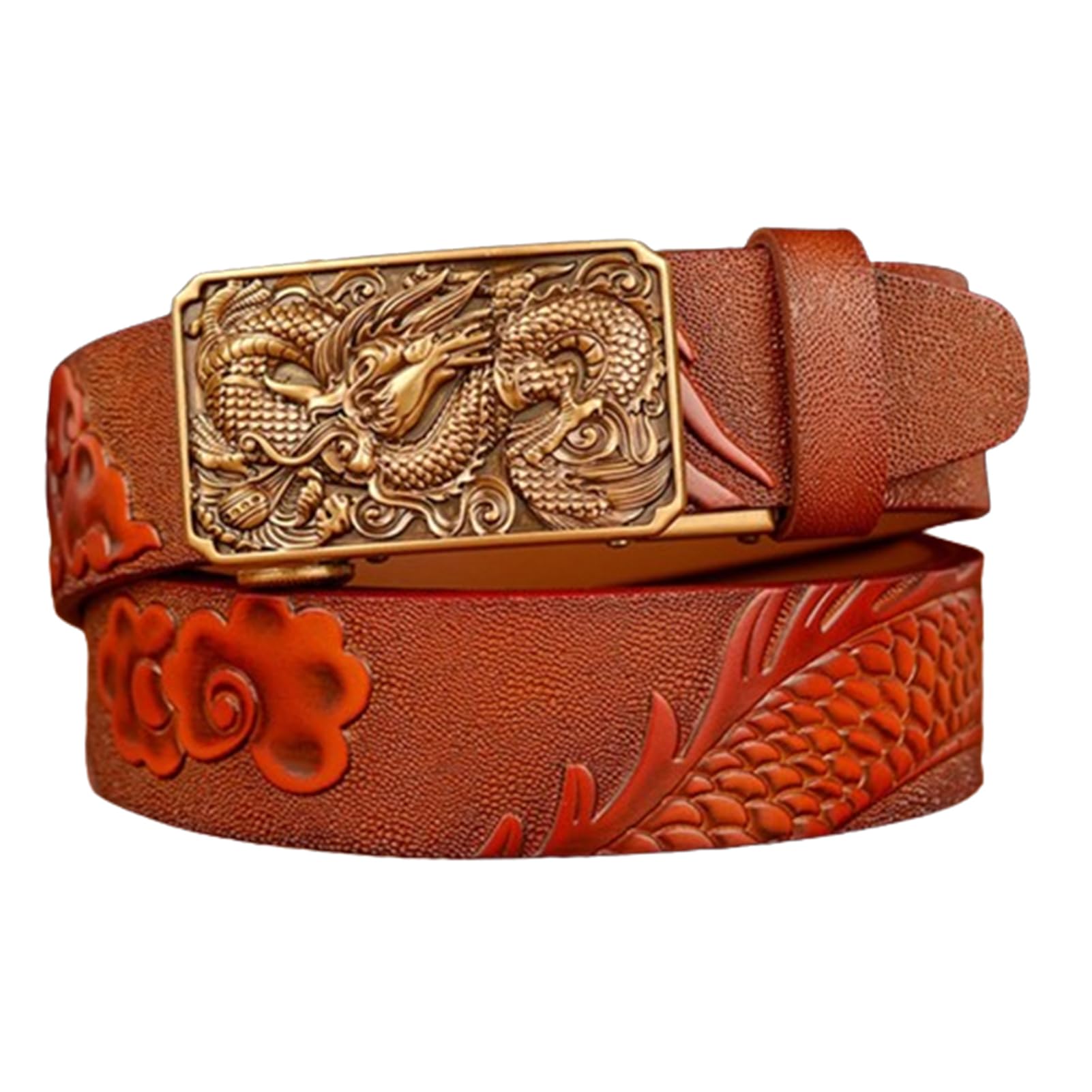 Cinturón De Trinquete For Hombre, Piel Auténtica, 3,5 Cm Ancho, Cierre Automático, Hebilla Deslizante, Escultura Decorativa Grabada En Oro
